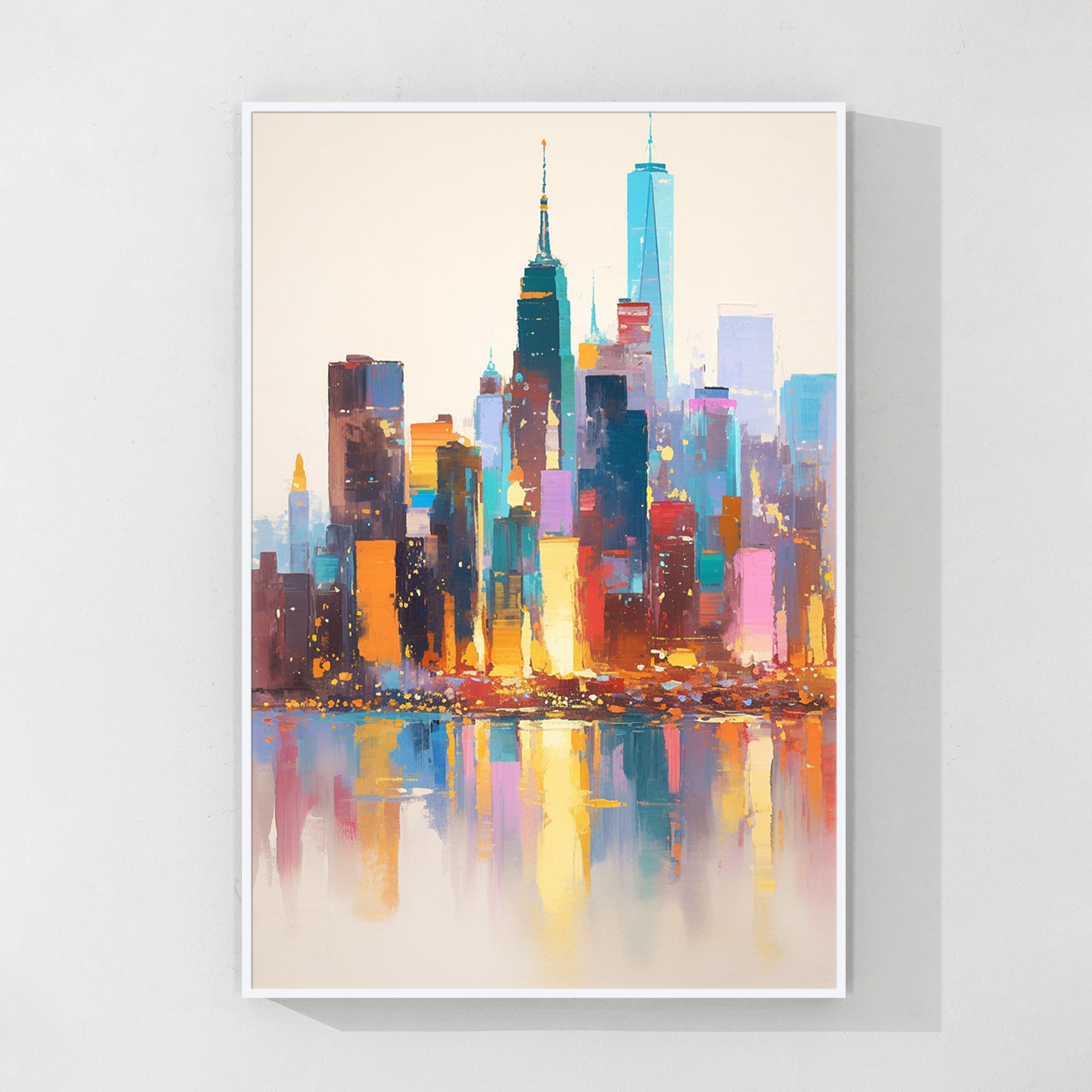 Abstract New York cityscape painting, using powerful brushstrokes and bold colors to depict the vibrancy and movement of the city.