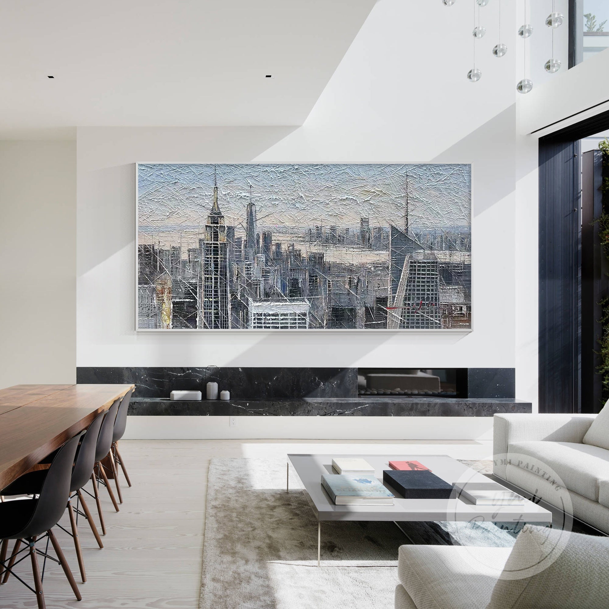 Original New York skyline painting with textured details, capturing the dynamic energy of the city in a stunning abstract oil painting.