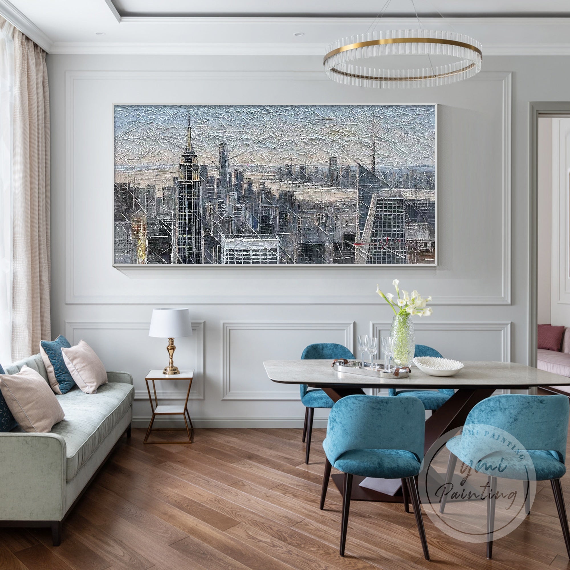 Large framed NYC wall art featuring an abstract representation of the iconic New York skyline, with rich textures and bold brushstrokes.