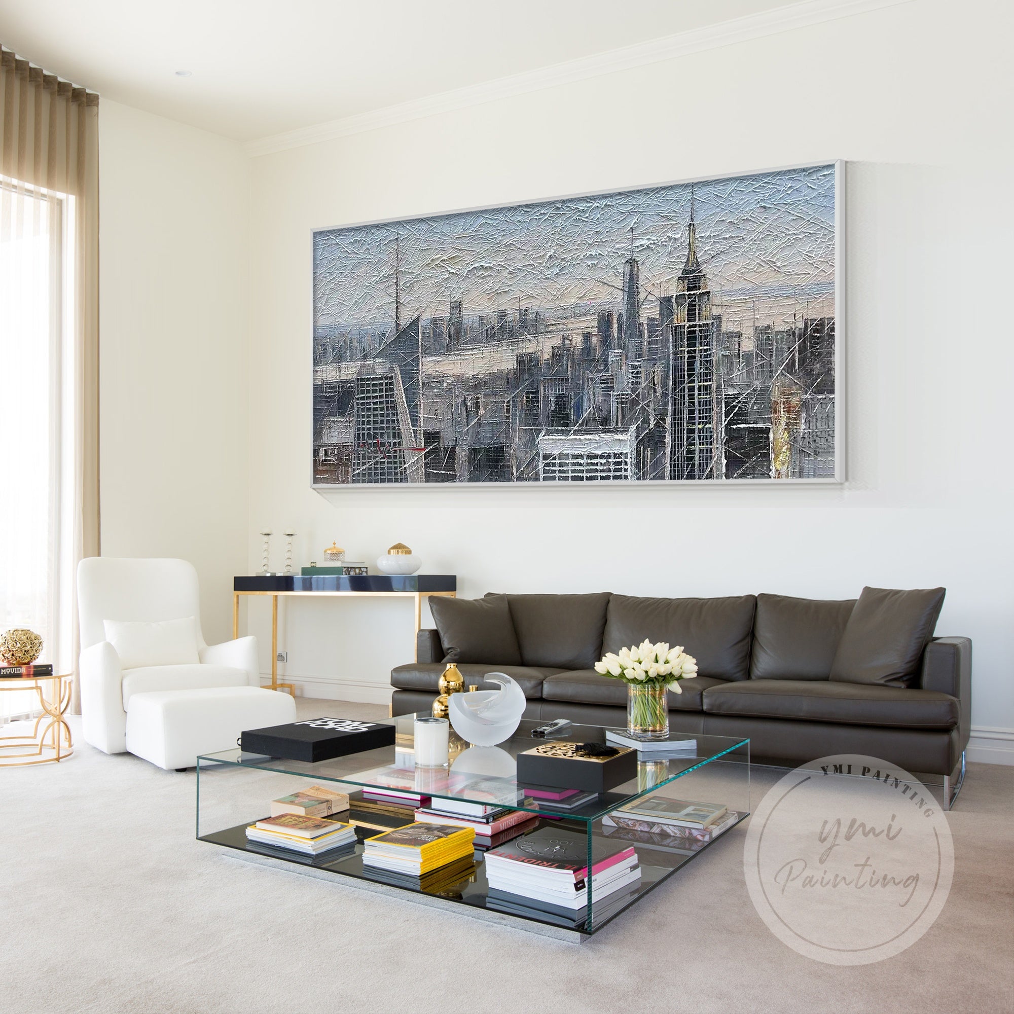 Textured NYC oil painting of the iconic skyline, offering a contemporary and dramatic interpretation of New York City in vibrant colors.