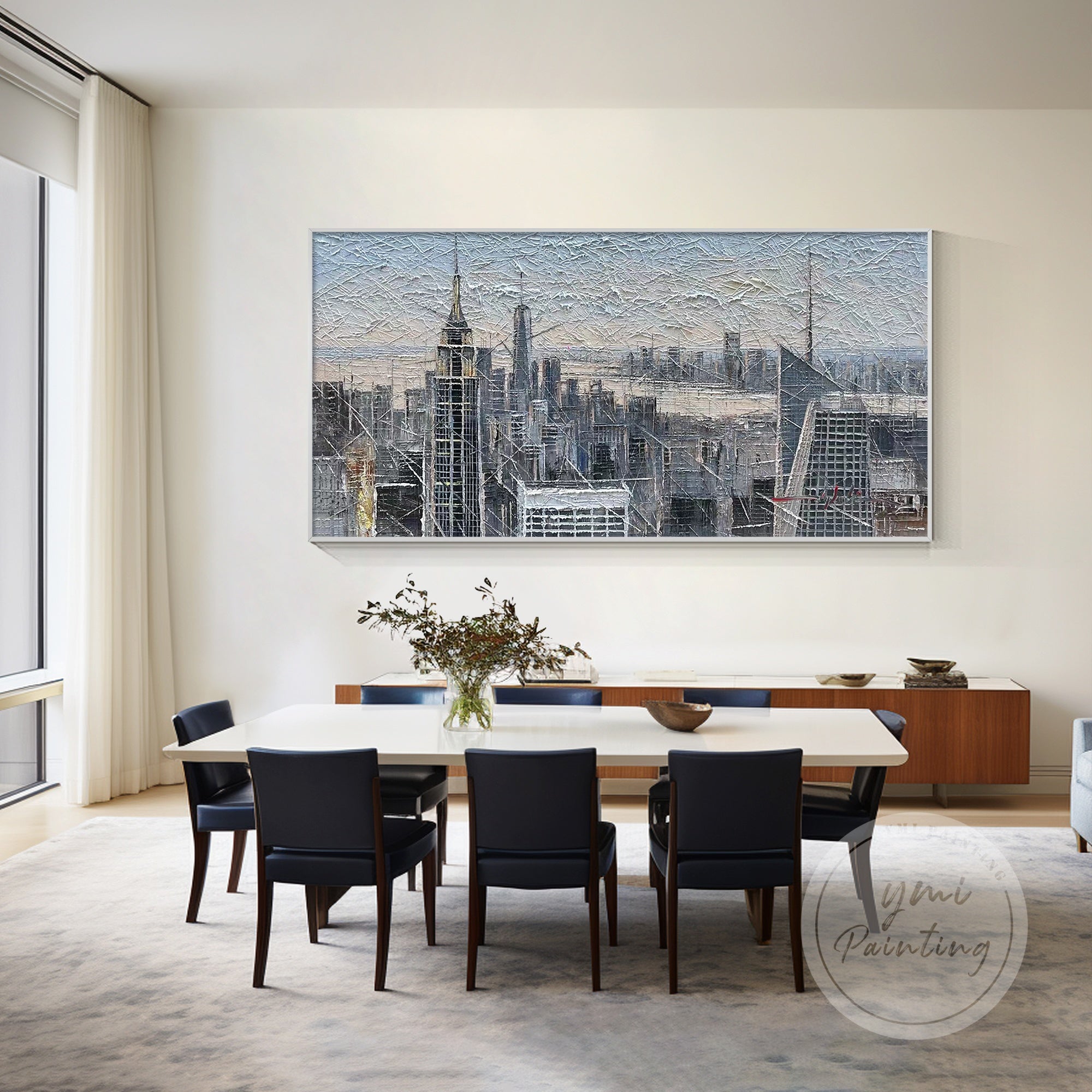 Large New York skyline painting with abstract oil textures, perfect for adding sophistication and urban style to any modern space.