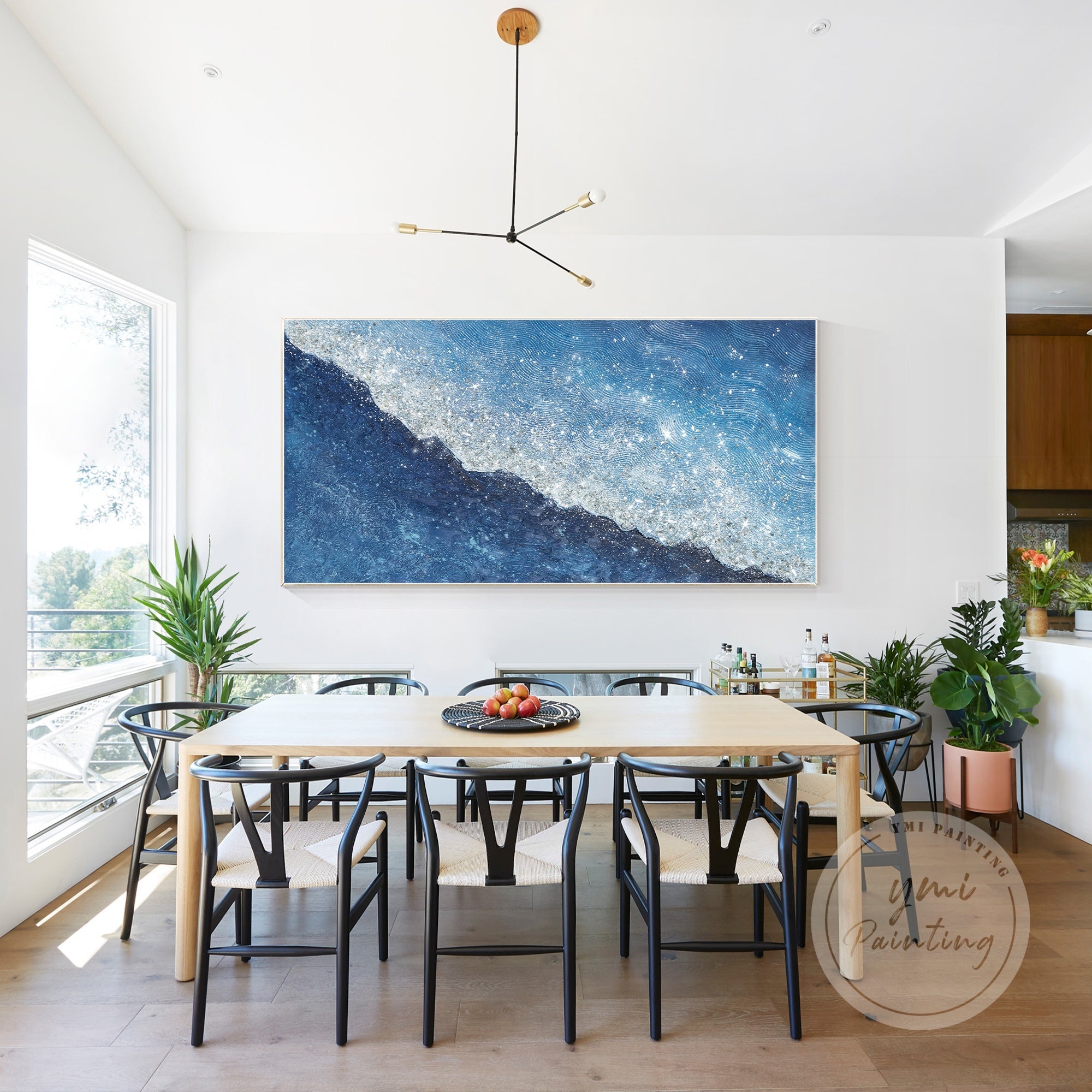coastal wave abstract painting with glass and glitter accents