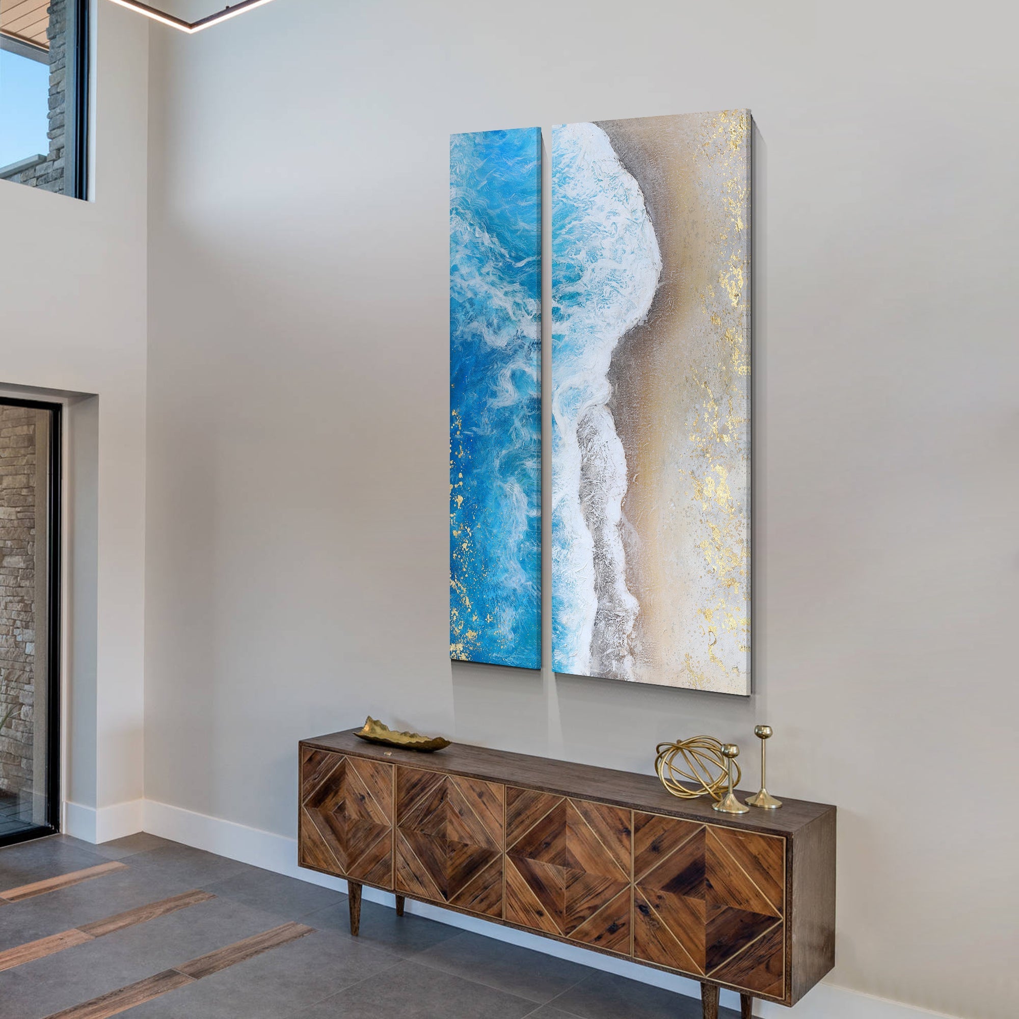 Modern coastal wall art diptych with blue sea and sandy beach tones
