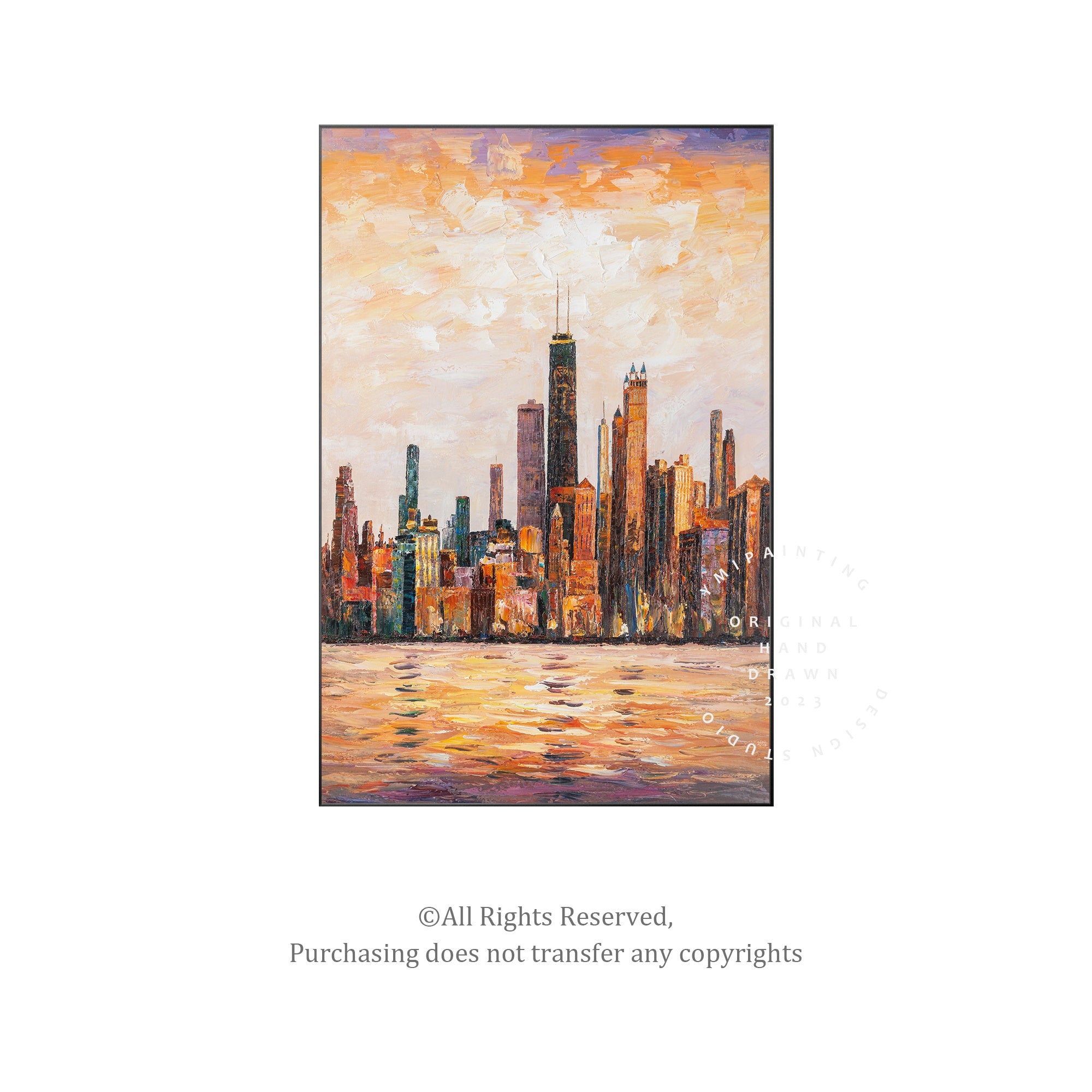 Handmade Chicago cityscape canvas art, capturing the energy and architecture of the city with bold brushstrokes.