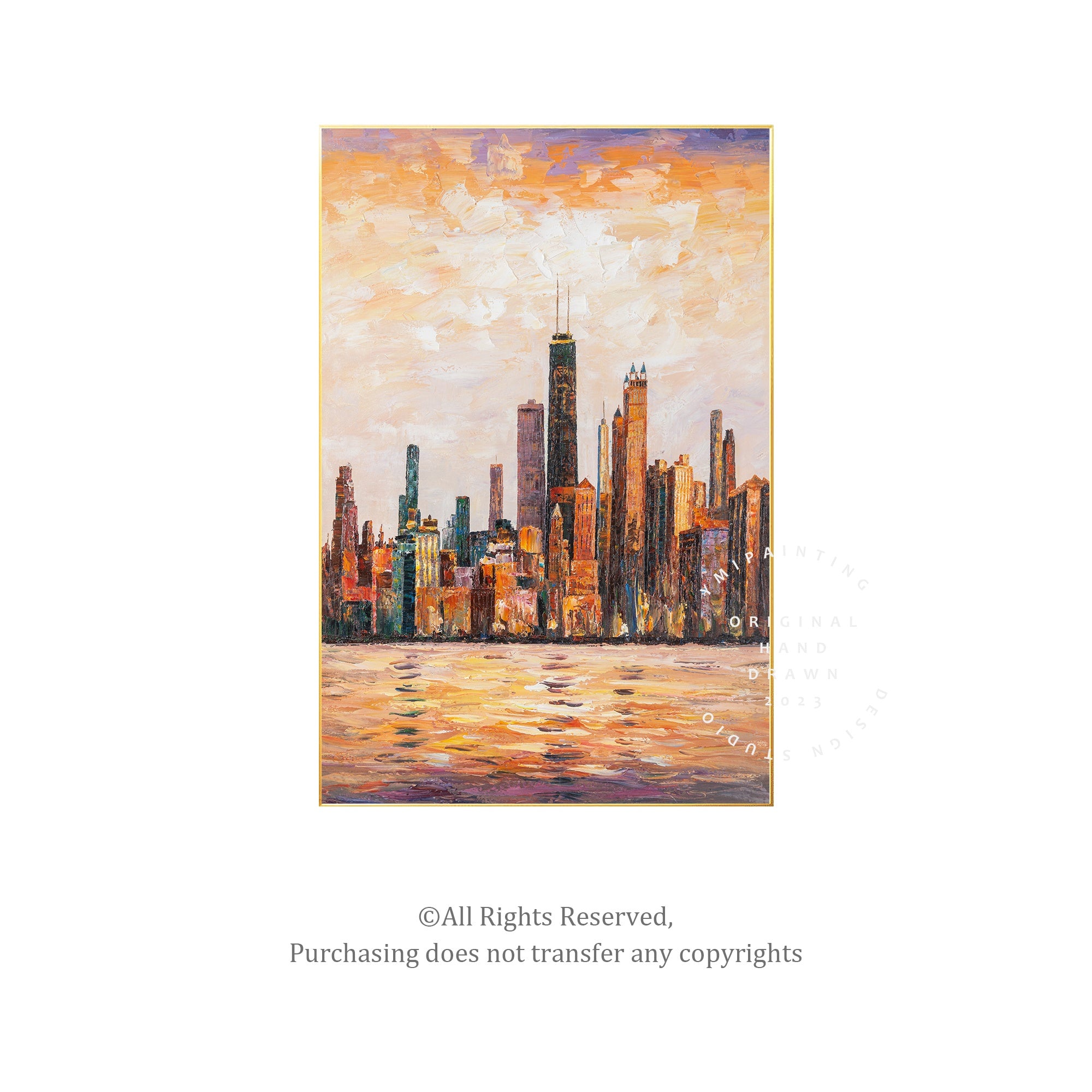 Abstract Chicago cityscape, handmade on canvas with rich textures and vibrant city colors.