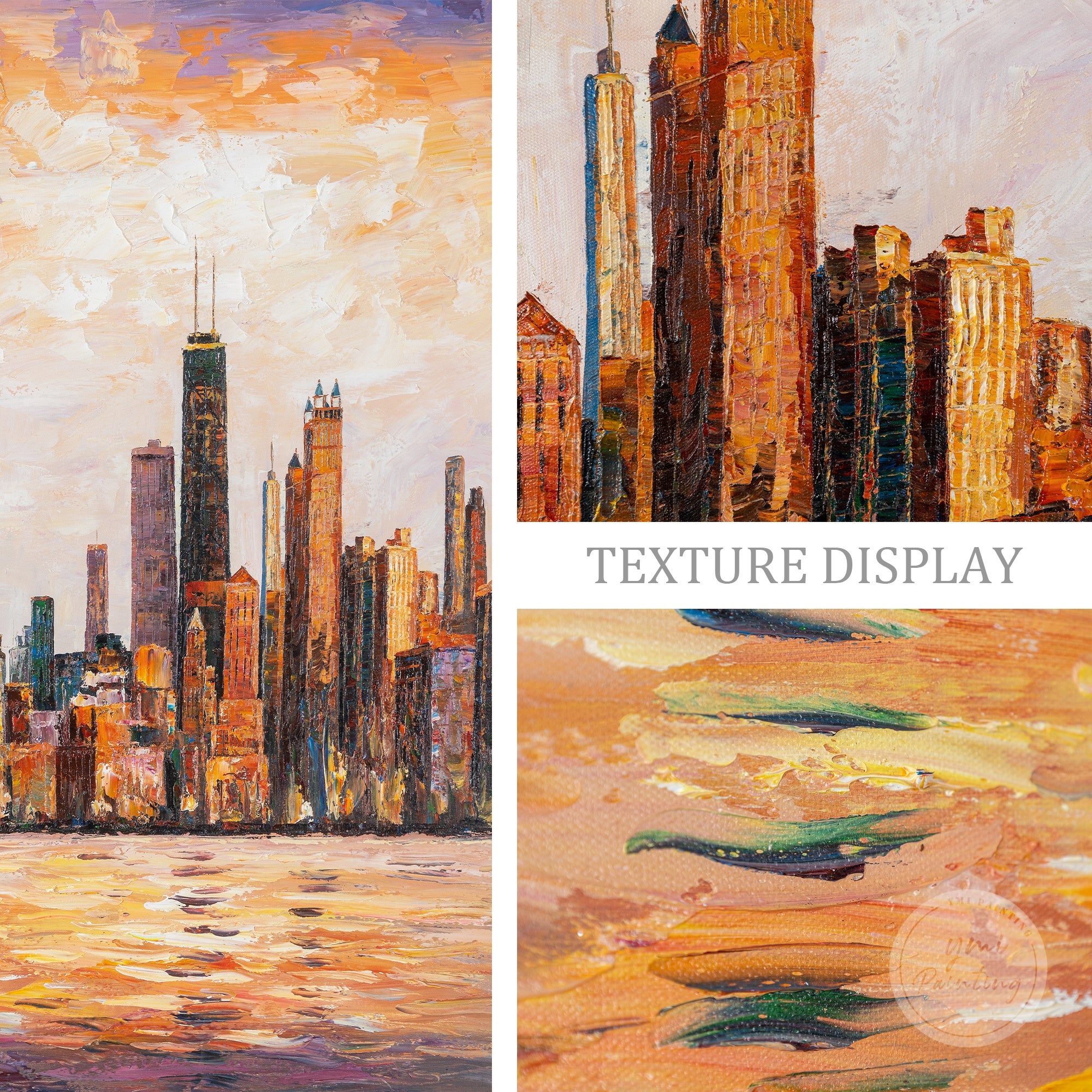 Original Chicago cityscape painting, hand-painted on canvas with expressive strokes and rich color.