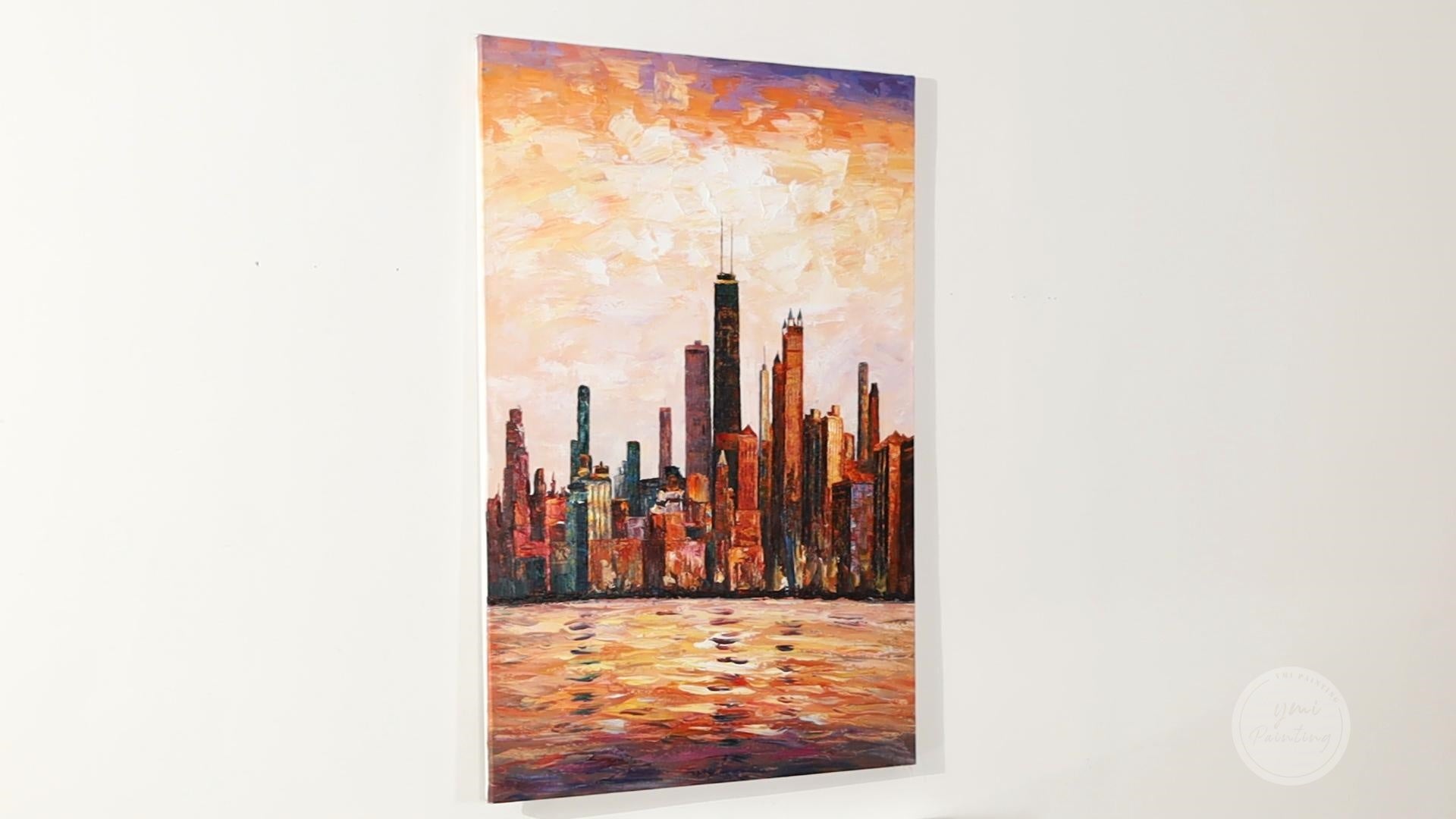 Chicago skyline art, handmade canvas painting with vibrant colors and abstract cityscape design.