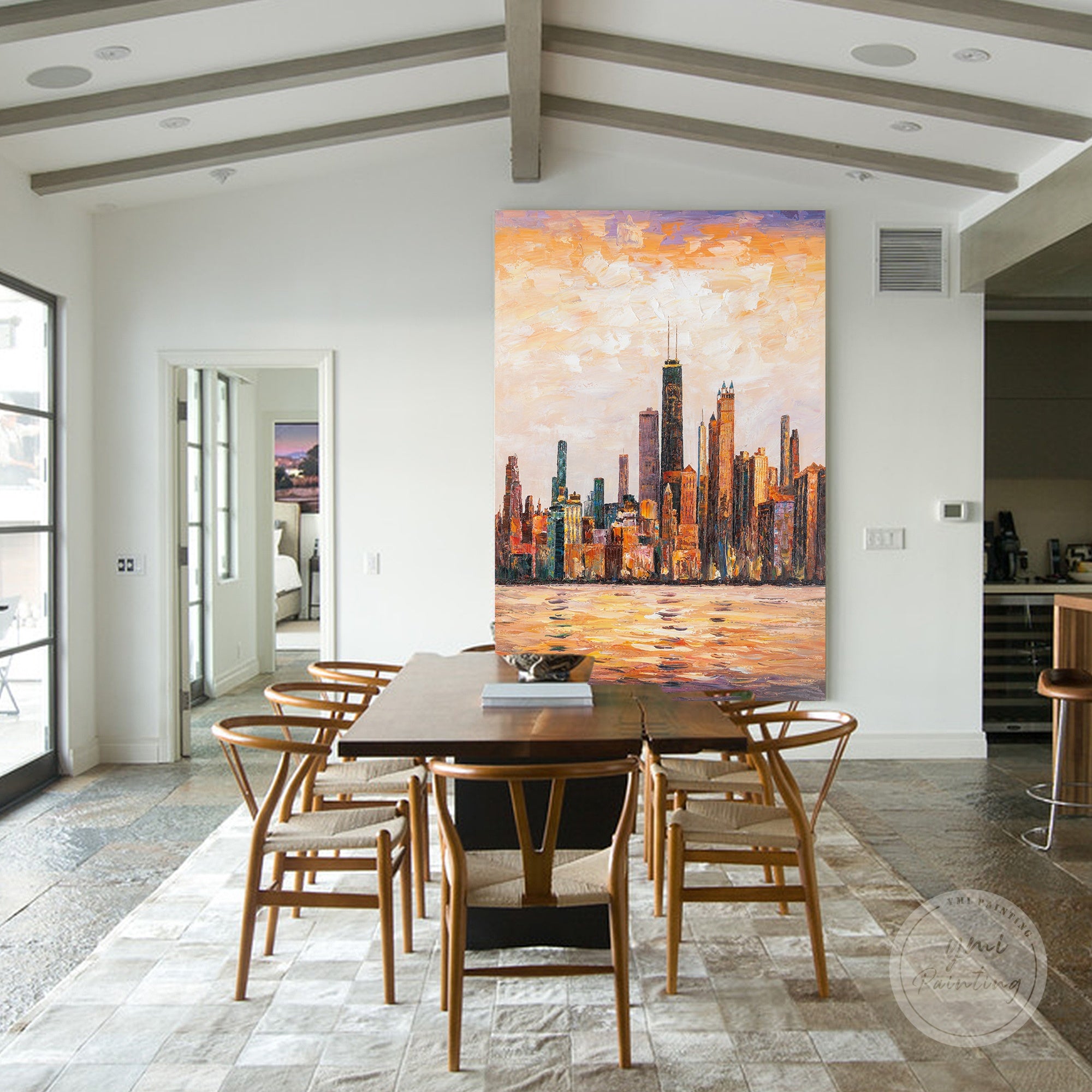 Hand-painted Chicago canvas art, with textured city skyline, ideal for urban-themed decor.