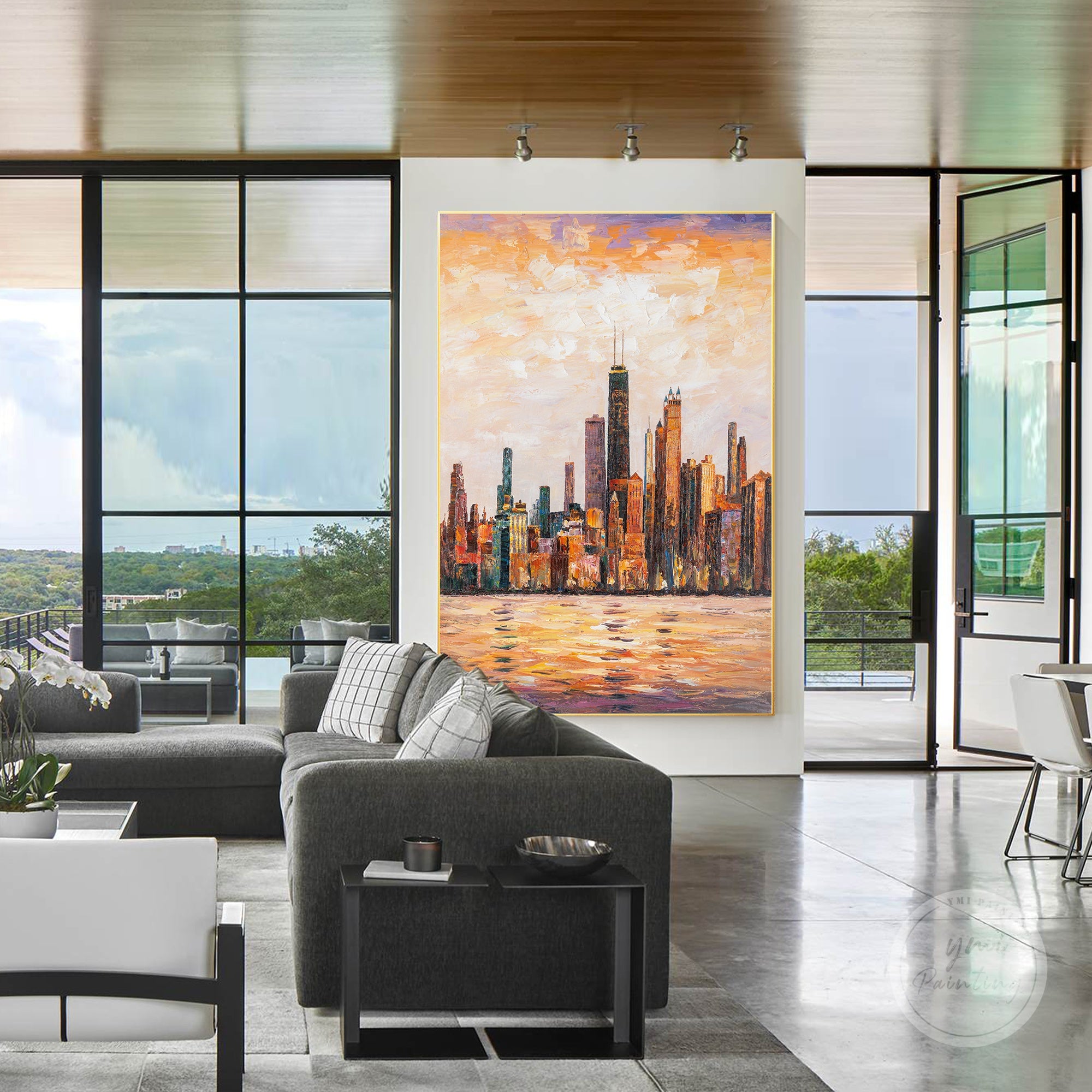 Hand-painted Chicago skyline on canvas, showcasing the city’s iconic landmarks with expressive strokes.