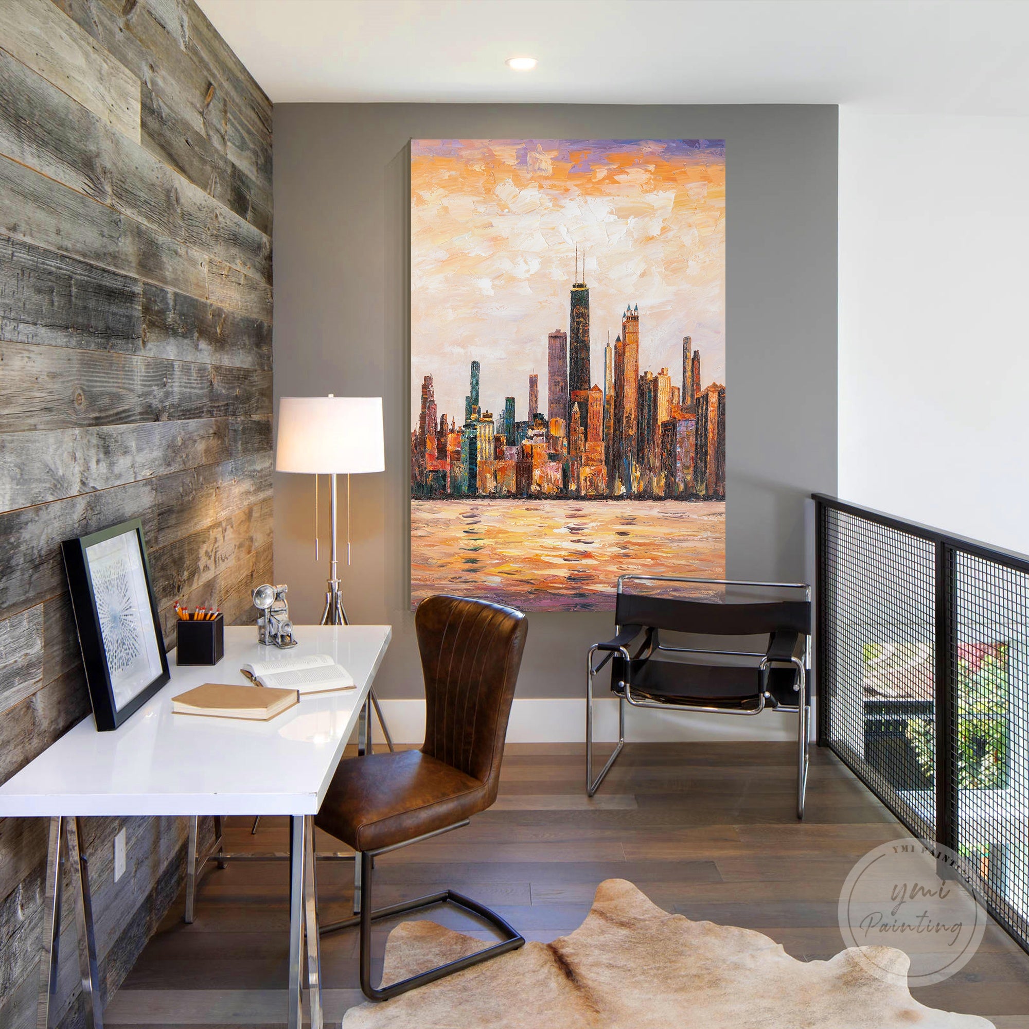 Chicago cityscape art on canvas, handmade with bold colors and dynamic brushstrokes.