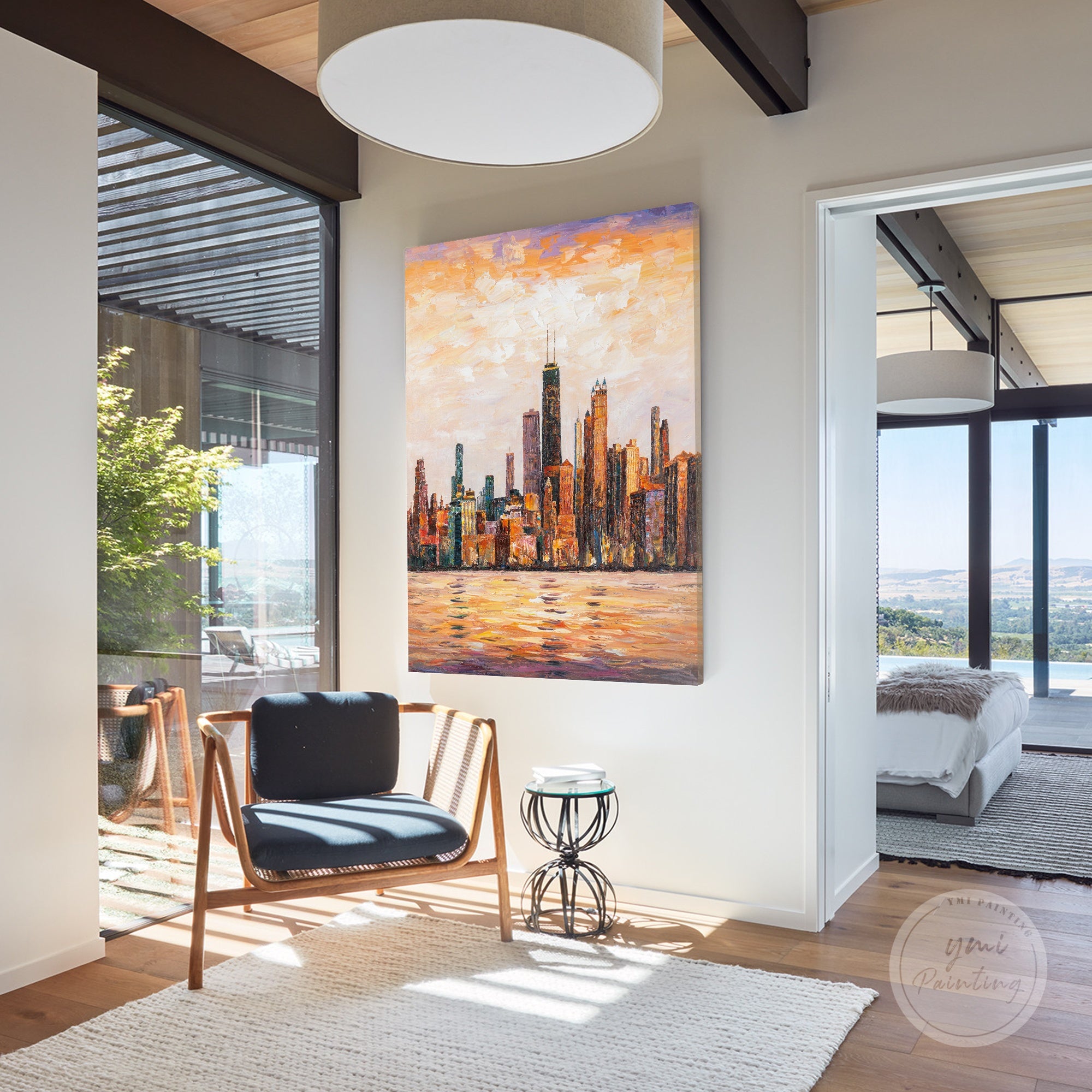 Handmade Chicago skyline painting, perfect for modern and urban-inspired home decor.