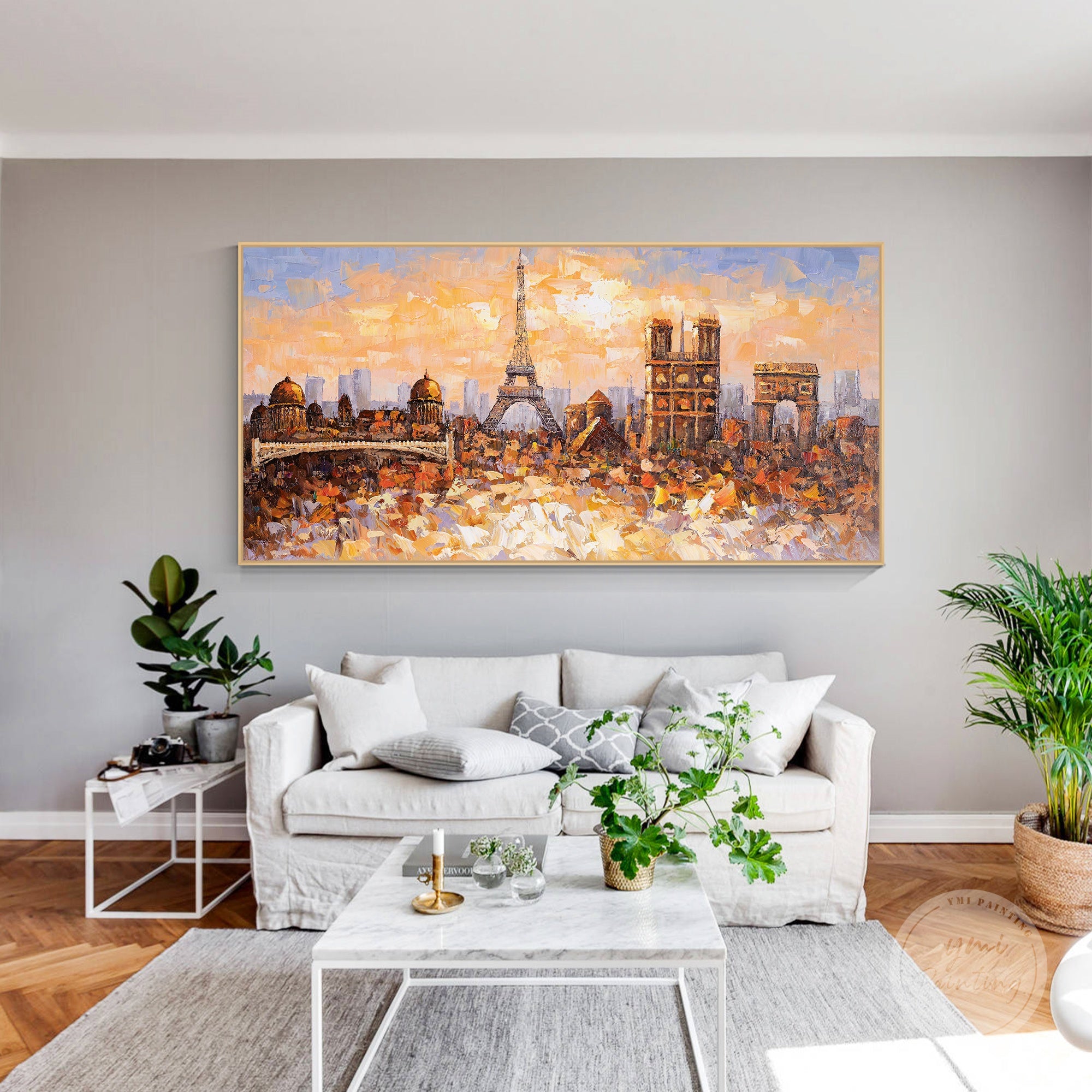 Hand-painted Eiffel Tower and Paris skyline oil painting, capturing the essence of Paris with textured strokes.
