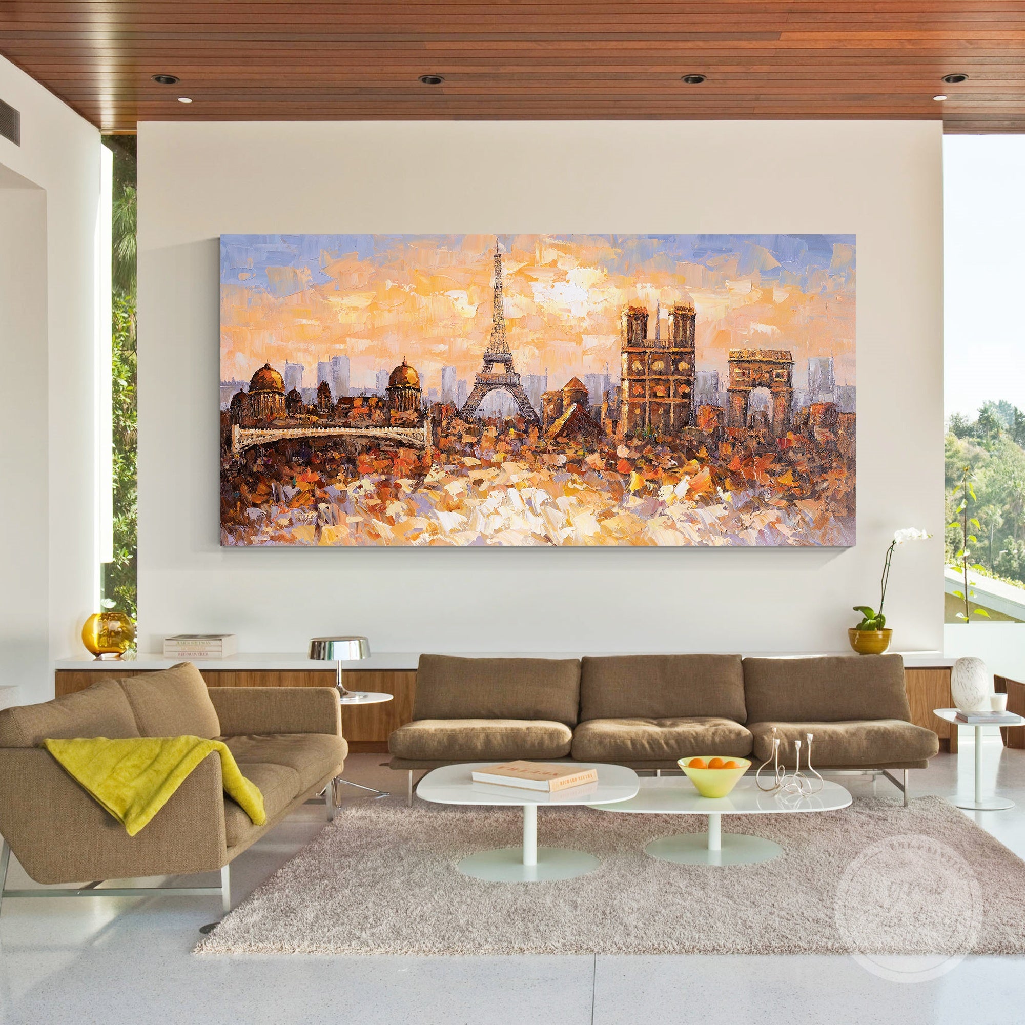 Original Paris skyline oil painting, with rich textures and the Eiffel Tower as the focal point.
