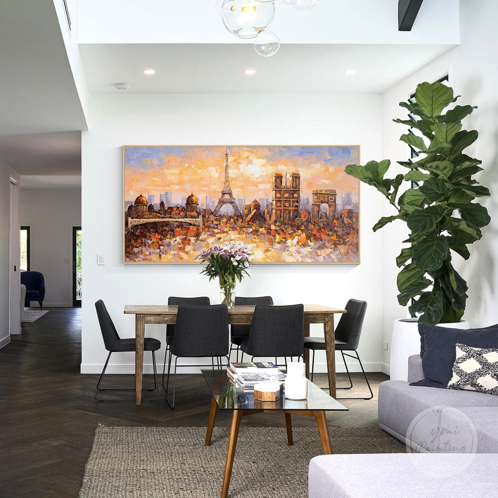 Hand-painted Eiffel Tower artwork, capturing the iconic Paris landmark in a textured cityscape painting.