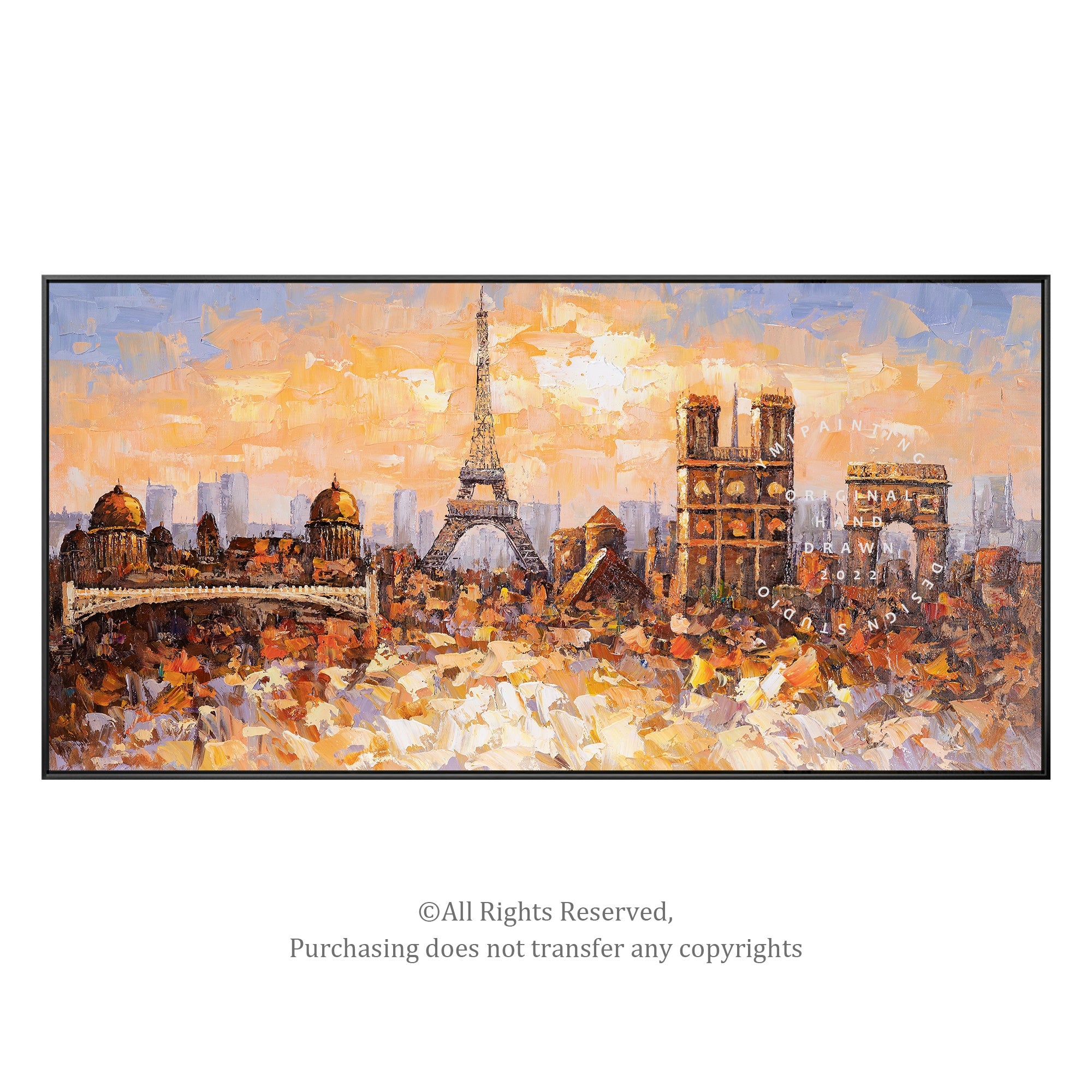 Original Eiffel Tower oil painting, textured Paris skyline wall art with vibrant colors and rich details.