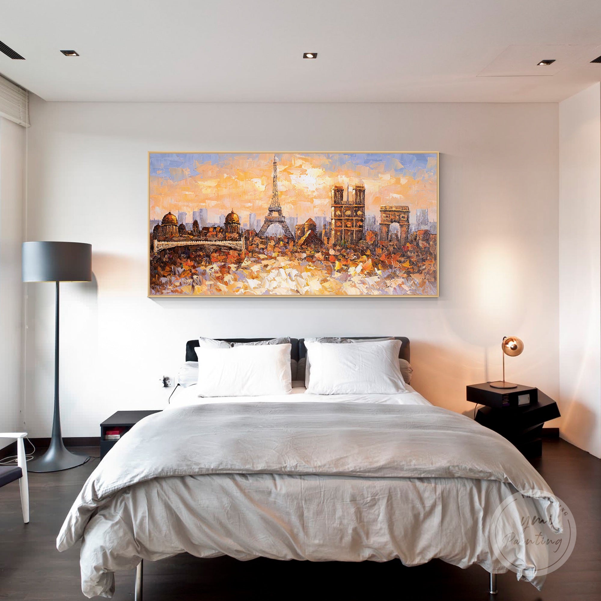 Paris skyline wall art with textured brushwork, featuring the Eiffel Tower in vibrant oil paints.