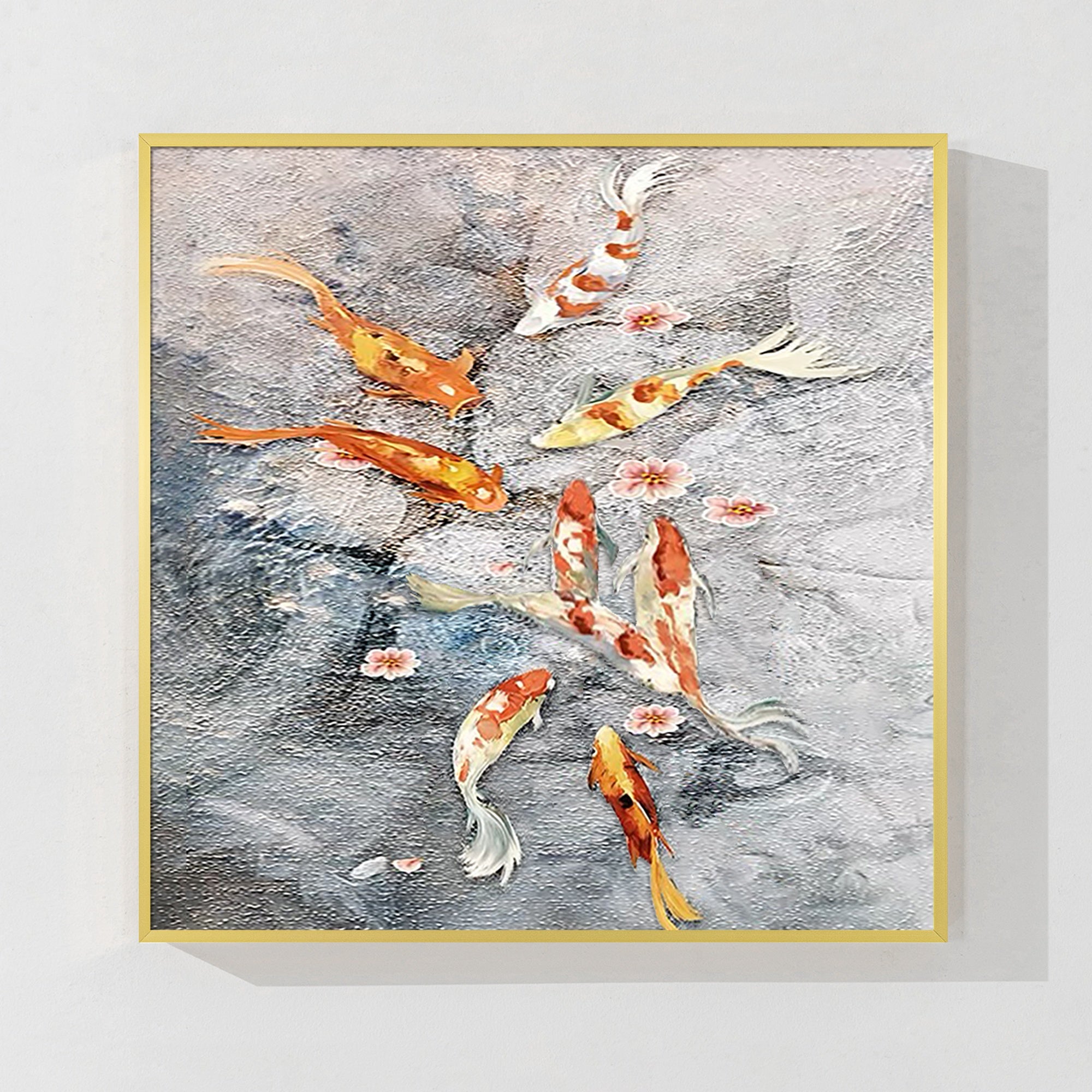 オリジナルの鯉の油絵、グレーウォーター風水壁アート