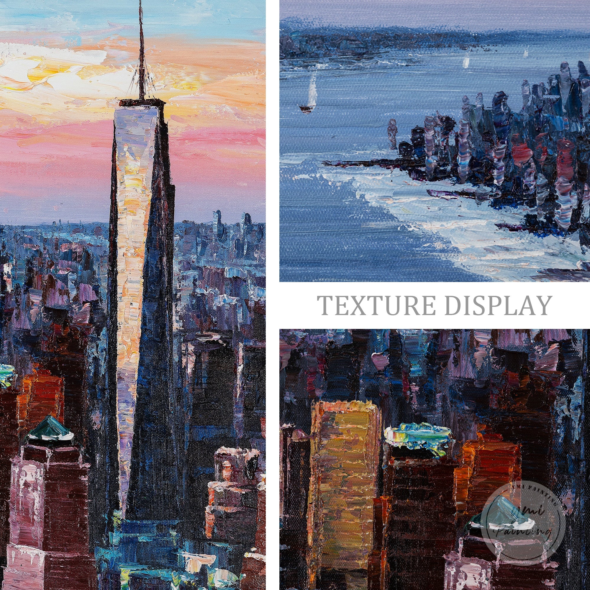 Textured Manhattan cityscape oil painting, showcasing the vibrant energy of NYC skyscrapers.