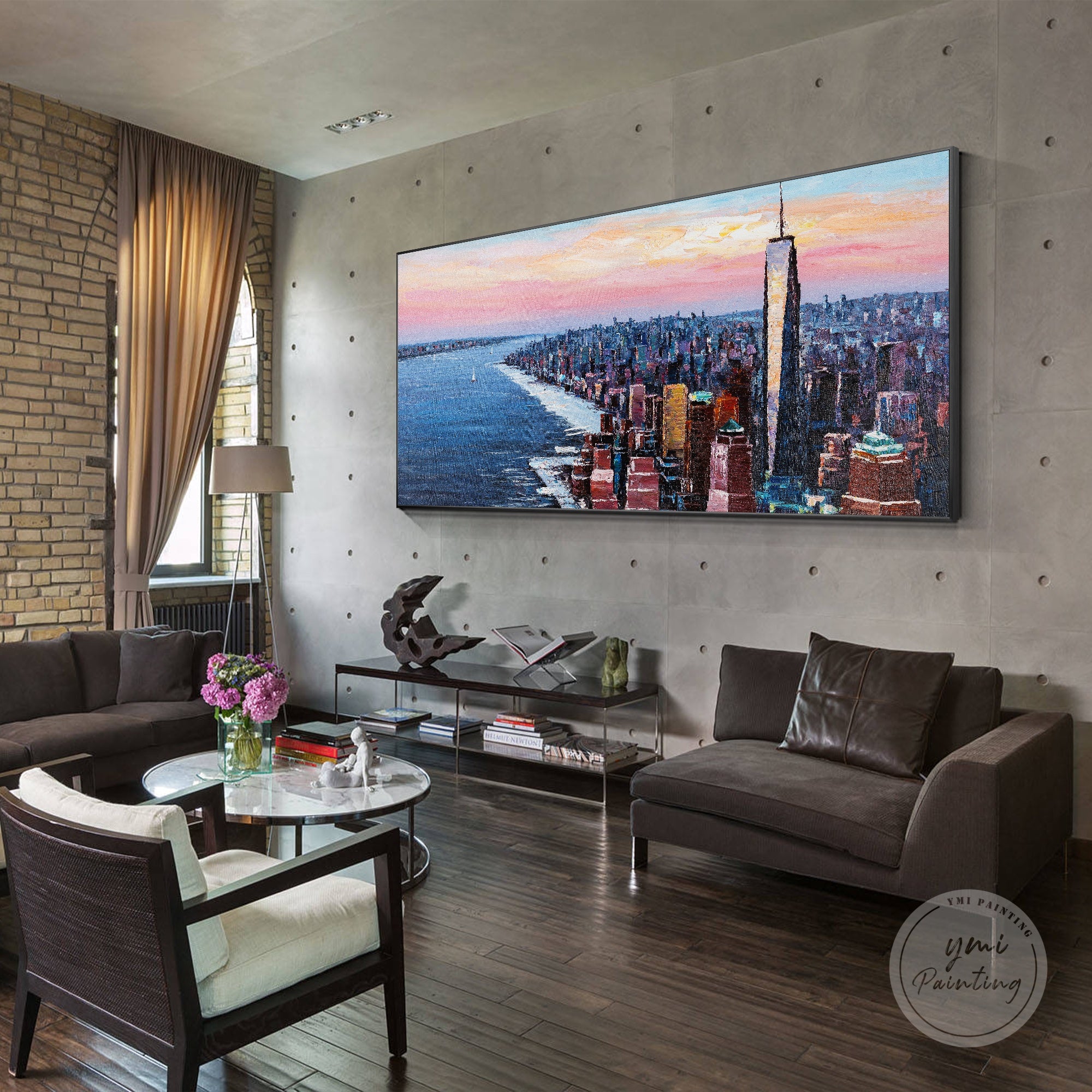 Original Manhattan skyline art, hand-painted oil painting with textured strokes and city lights.