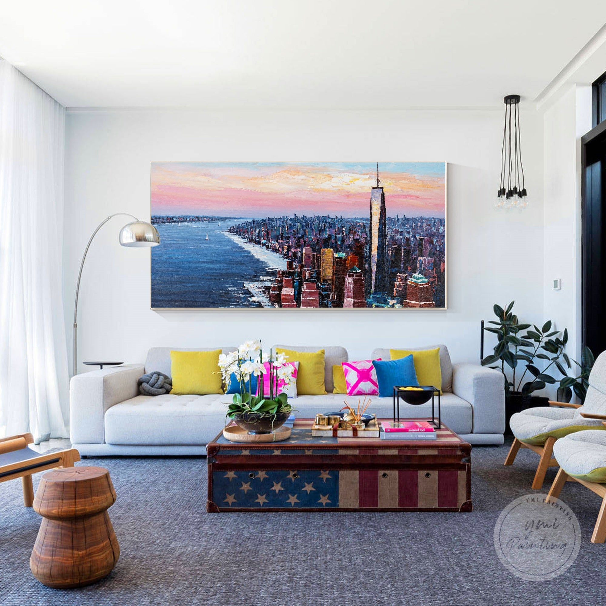 Textured NYC skyscraper art, capturing the essence of Manhattan with vibrant brushwork on canvas.