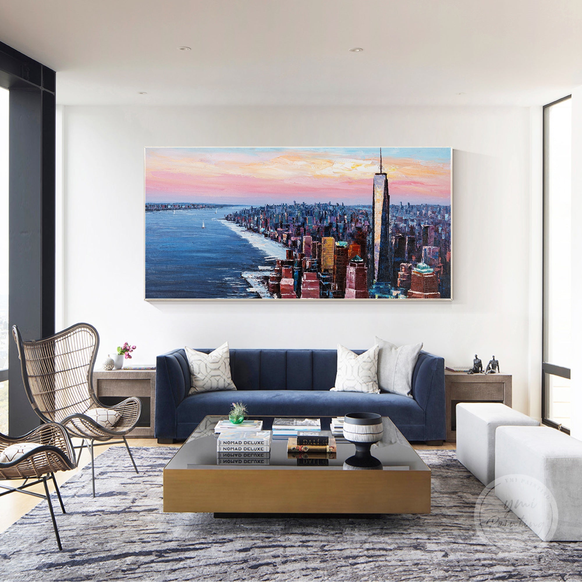 Manhattan skyline oil painting with textured details, creating depth and energy in a modern cityscape.