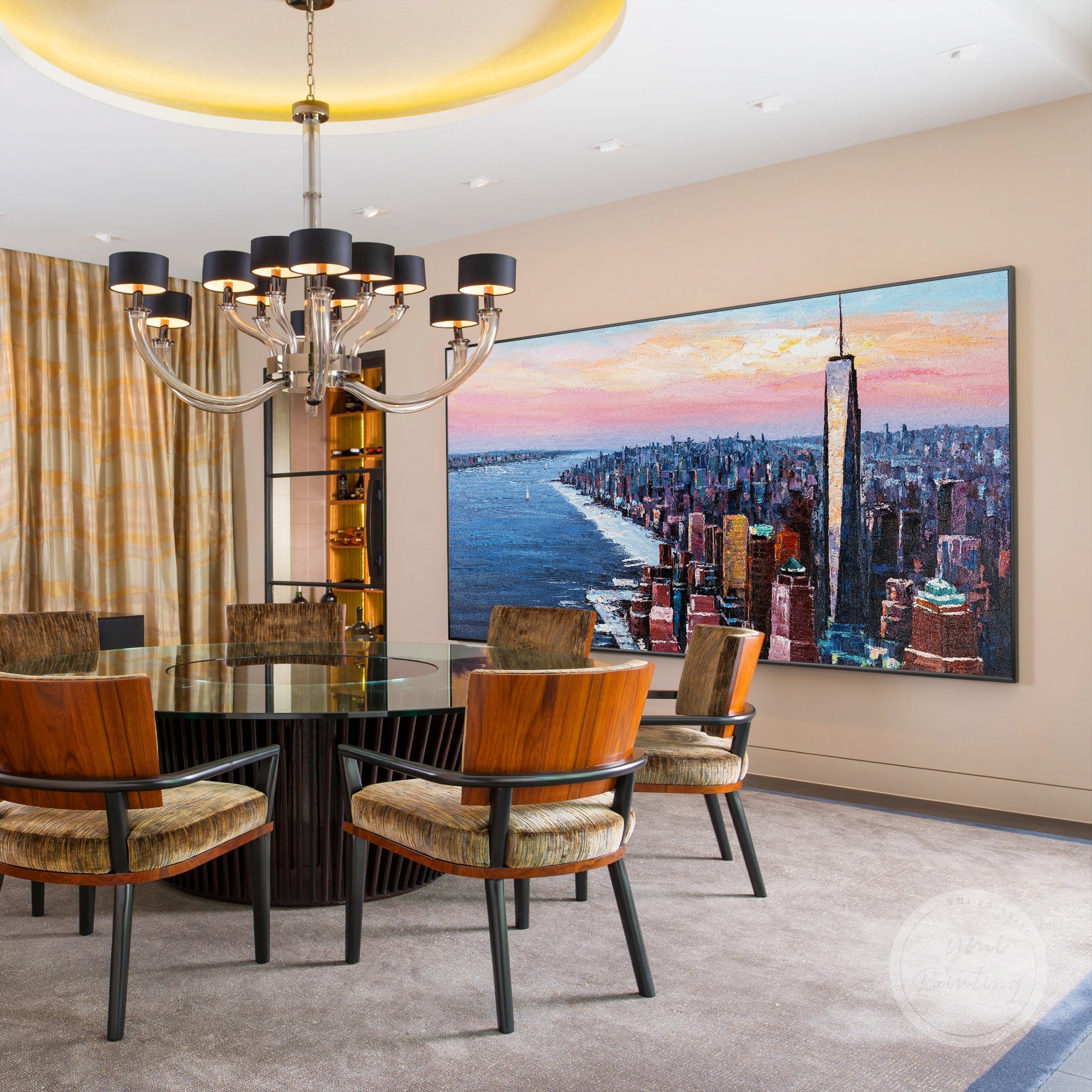 Hand-painted Manhattan city skyline, textured oil painting with dramatic strokes and urban energy.