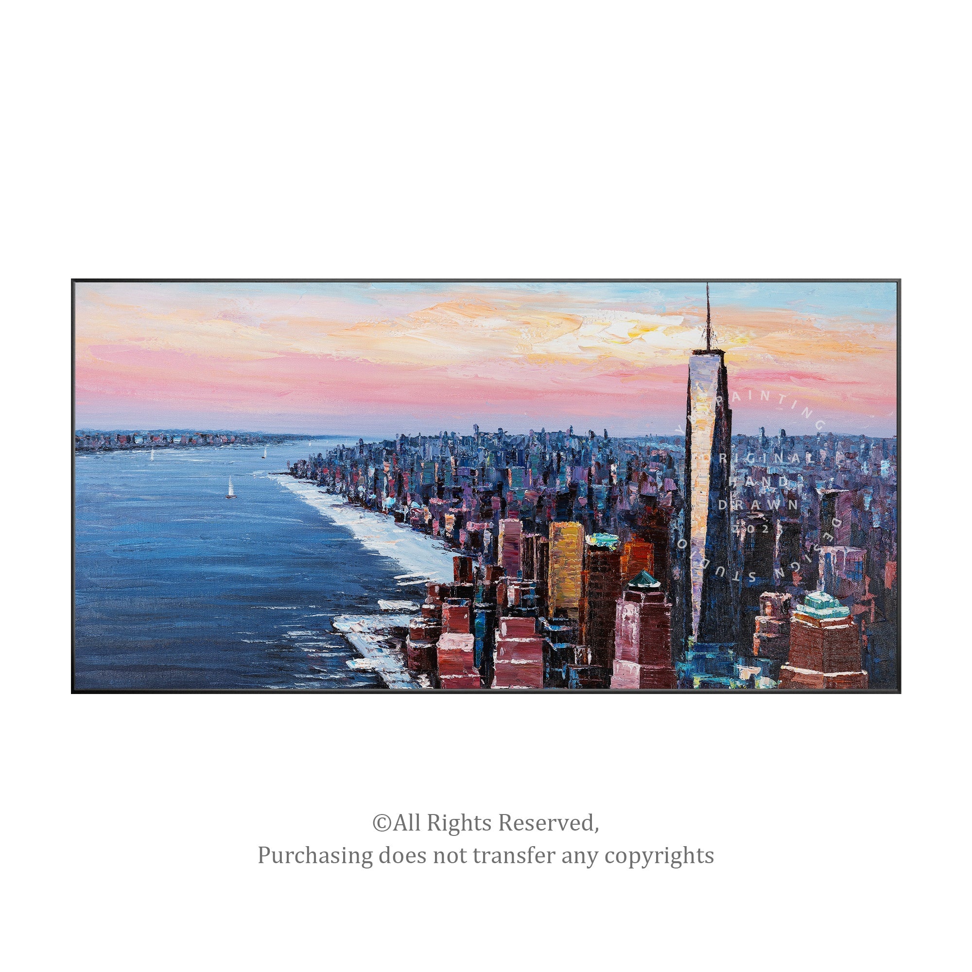 Manhattan skyscraper oil painting, with textured brushwork and rich color, perfect for city lovers.