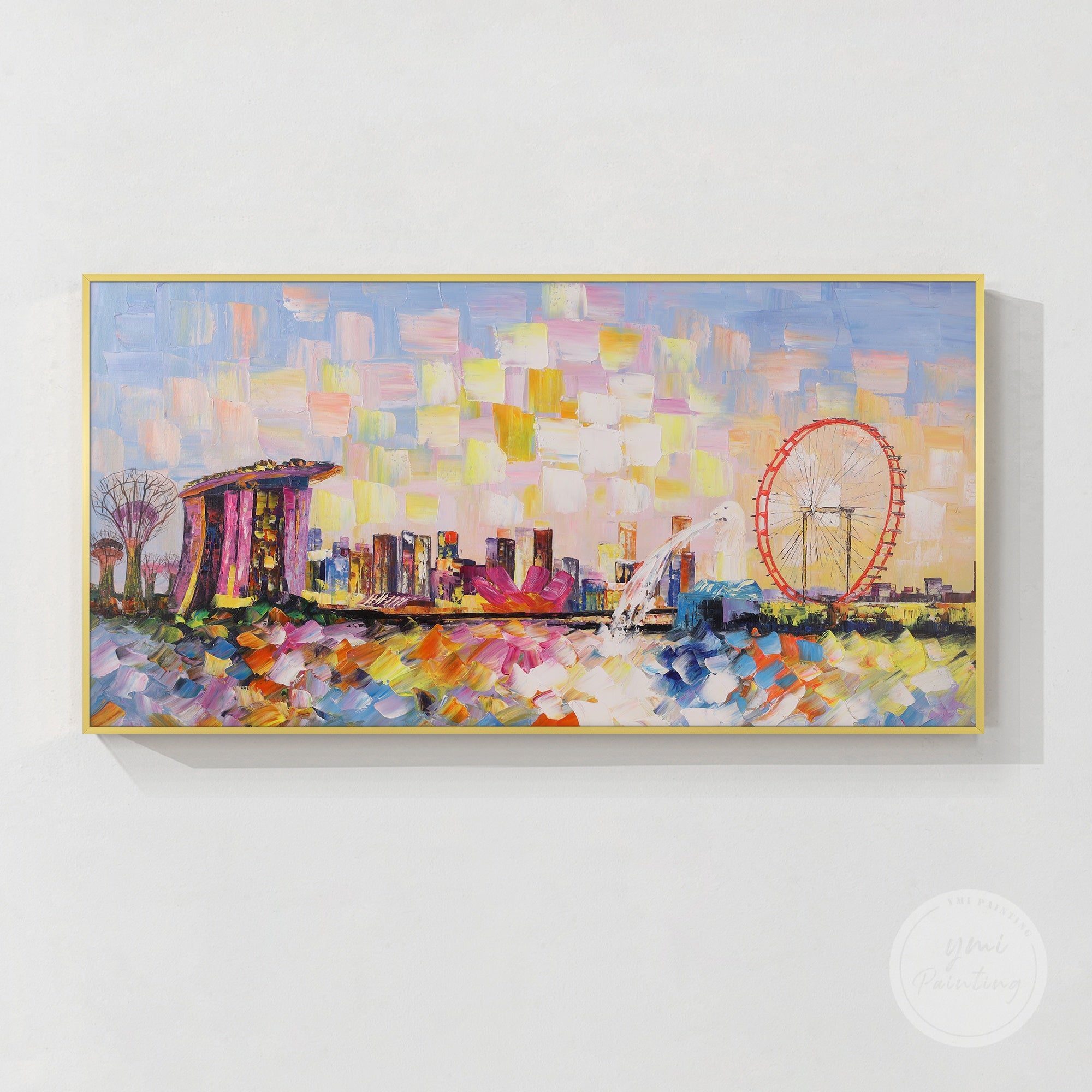 Singapore skyline painting with vibrant colors and dramatic brushstrokes, showcasing Marina Bay’s beauty.