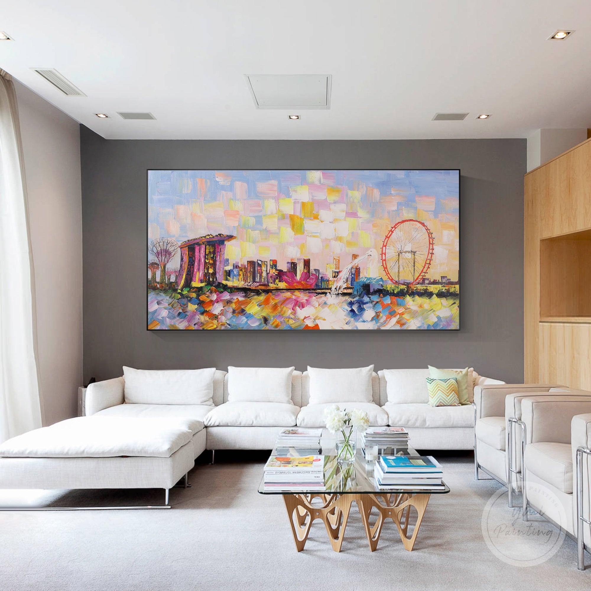Hand-painted Singapore skyline, showcasing the vibrant Marina Bay area with rich, bold colors.