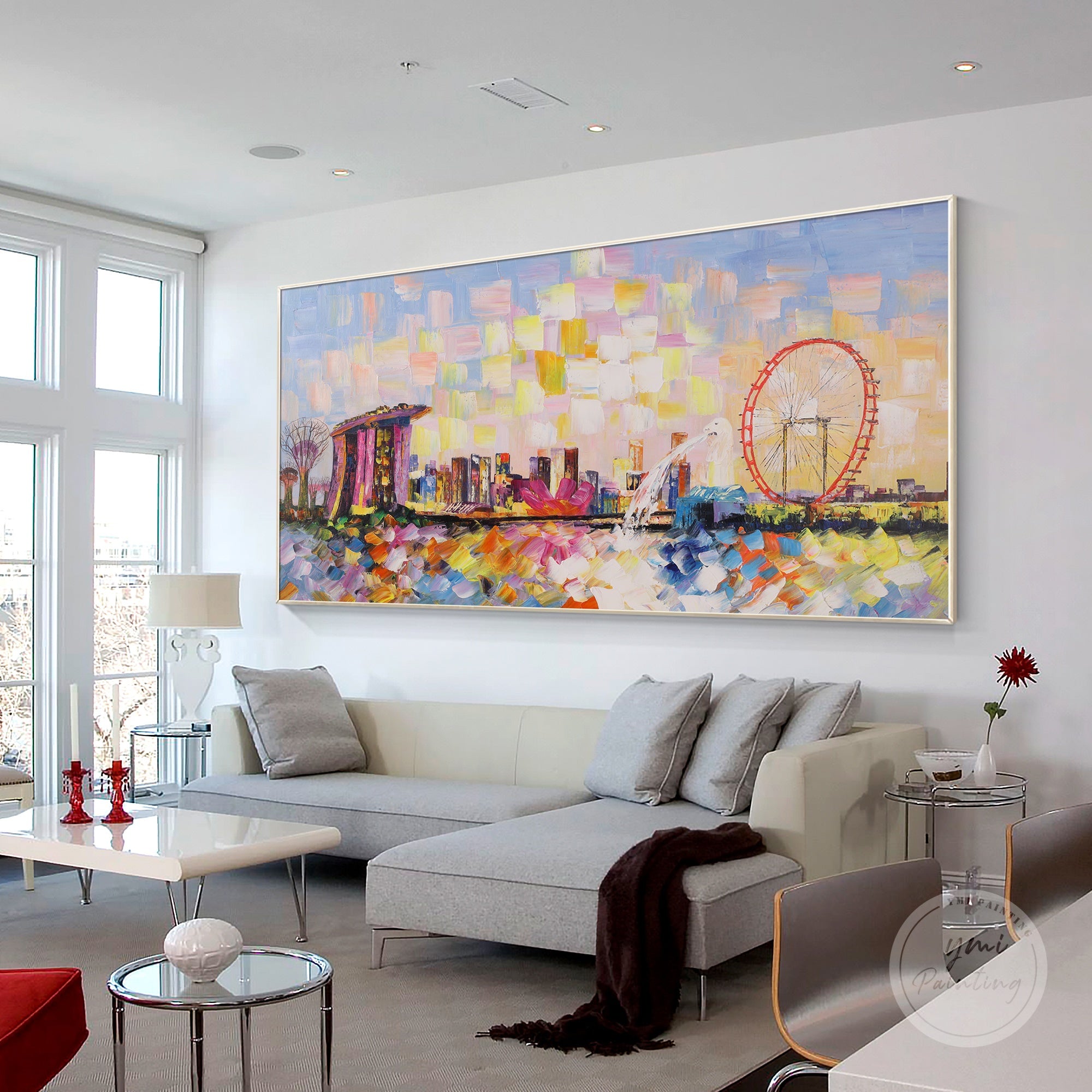 Original Marina Bay skyline oil painting, hand-painted with rich, vivid colors and dynamic strokes.
