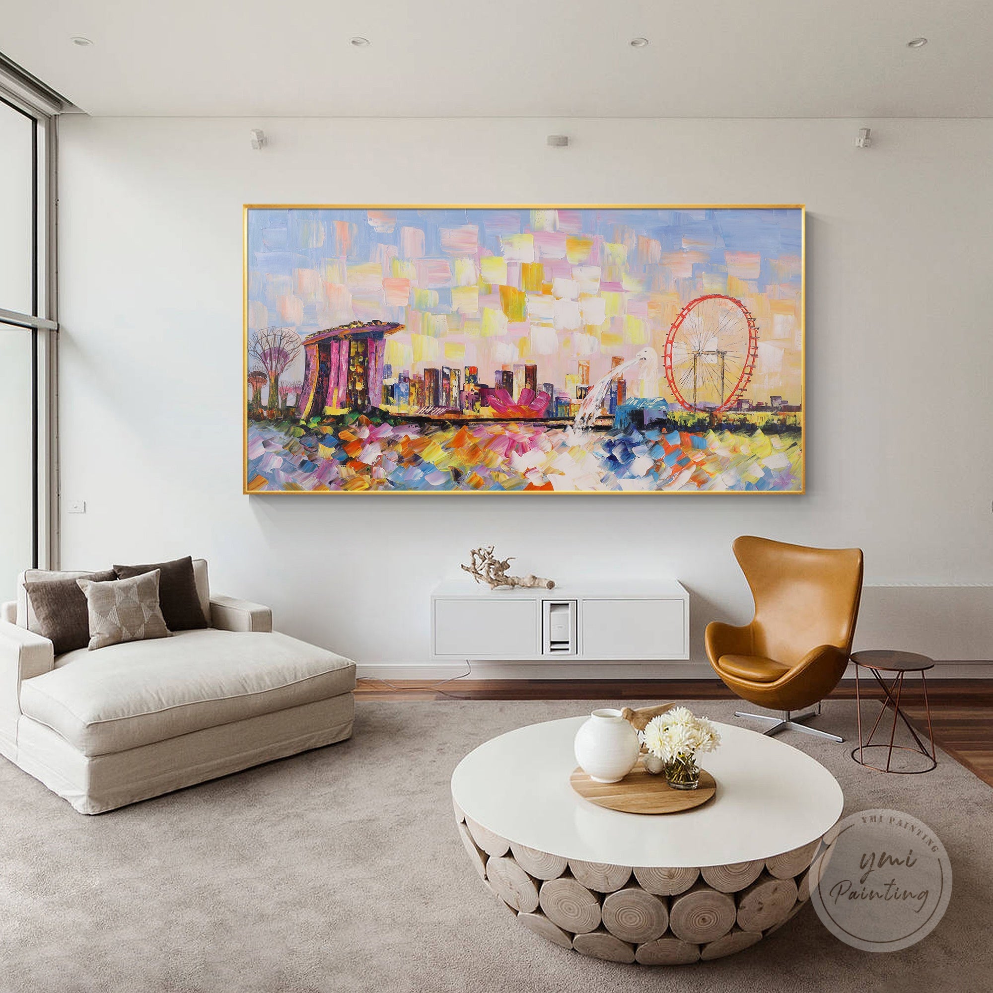 Hand-painted Singapore city skyline art, colorful Marina Bay oil painting on canvas.