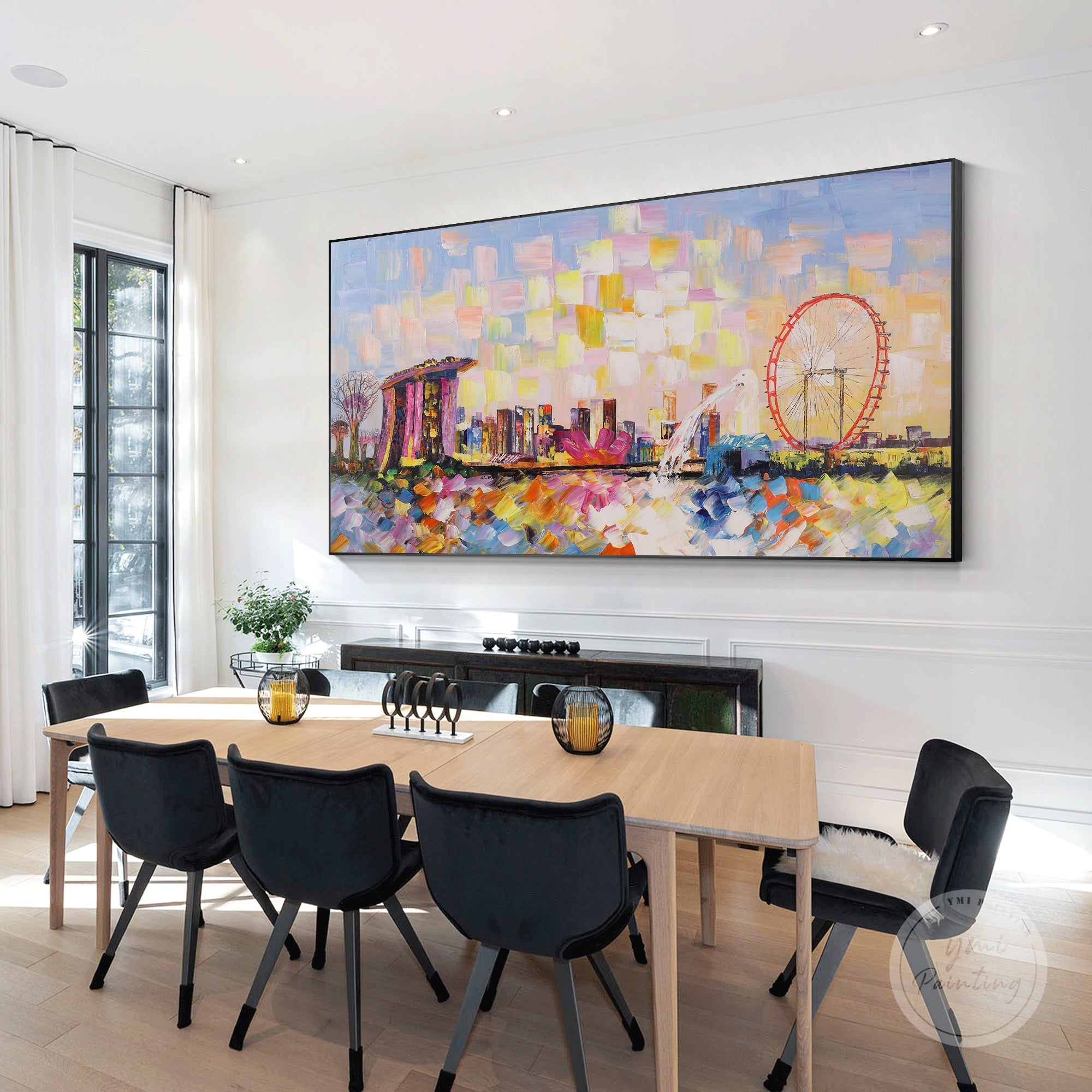 Colorful Marina Bay cityscape oil painting, featuring Singapore’s iconic skyline with dramatic brushstrokes.