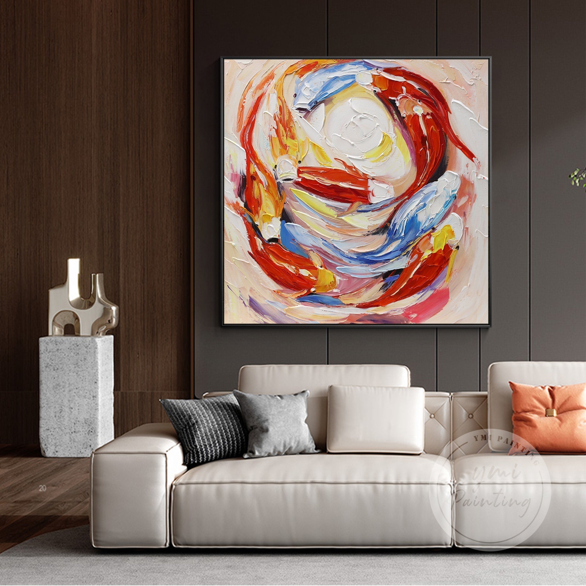 Huge Feng Shui Wall Art with 9 koi fish and lotus elements, designed to attract wealth, harmony, and success, making it an ideal addition to any home or office.