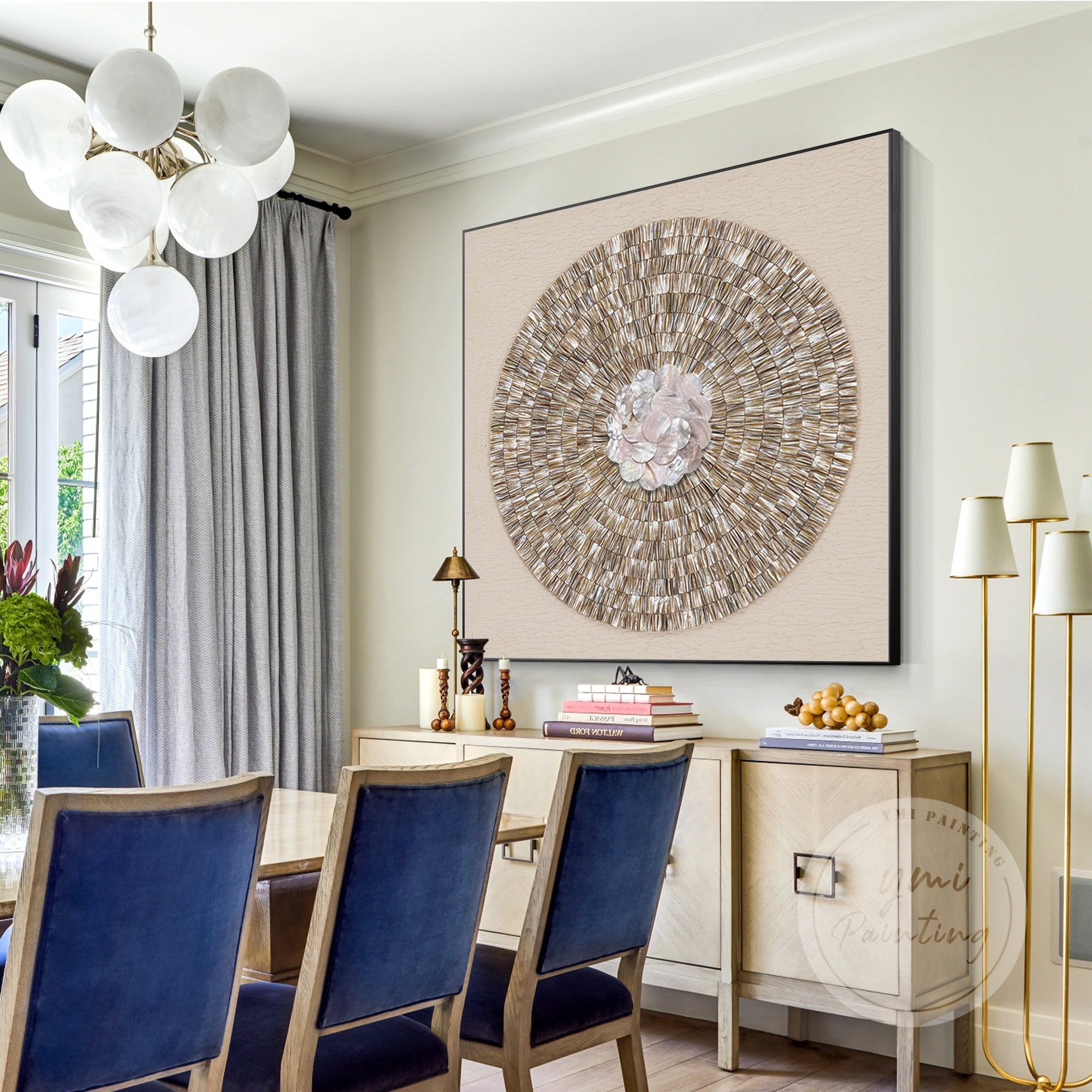 Large oyster shell wall art featuring soft beige hues and layered seashell effect.