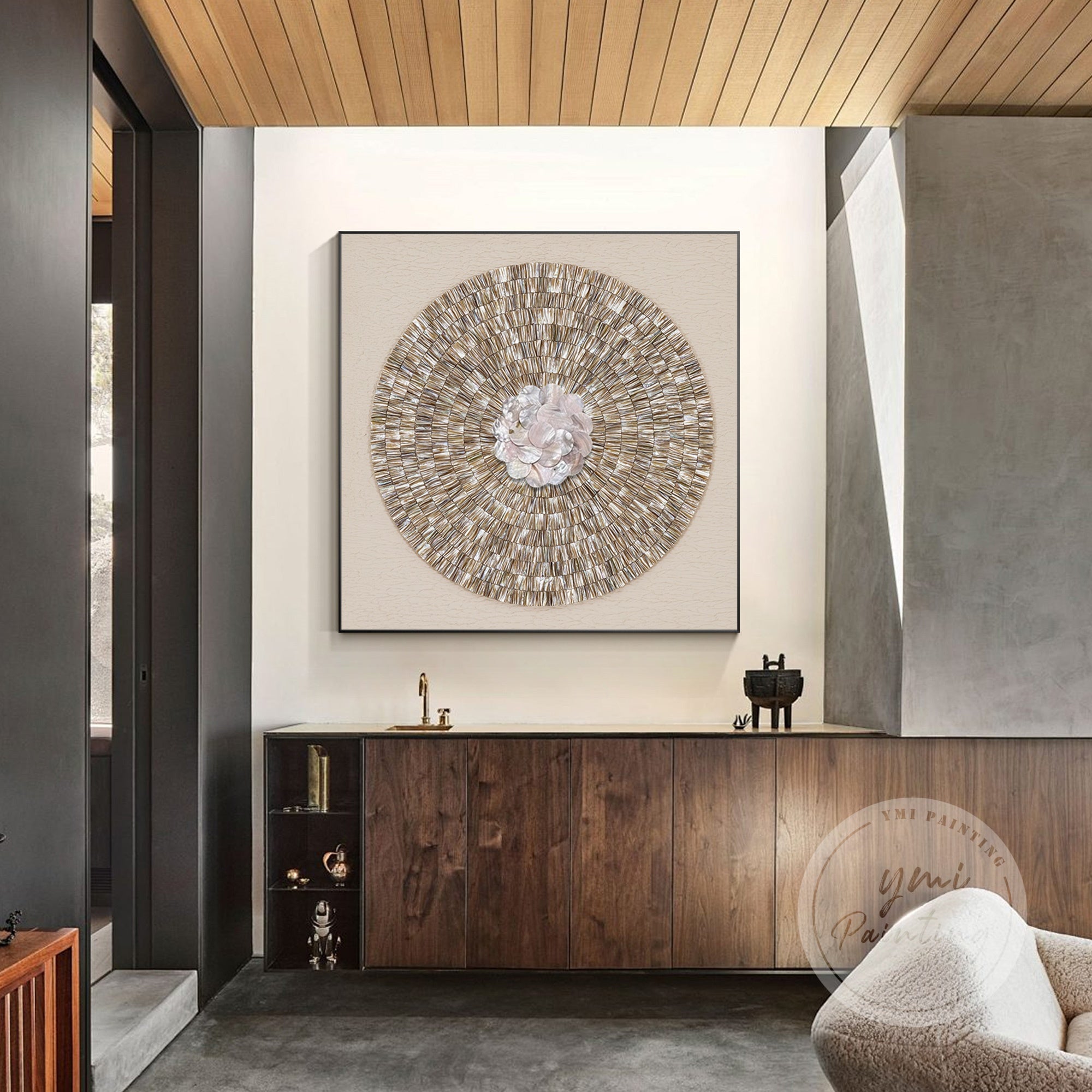 Sea shell painting with 3D capiz design, ideal for coastal or neutral decor styles.