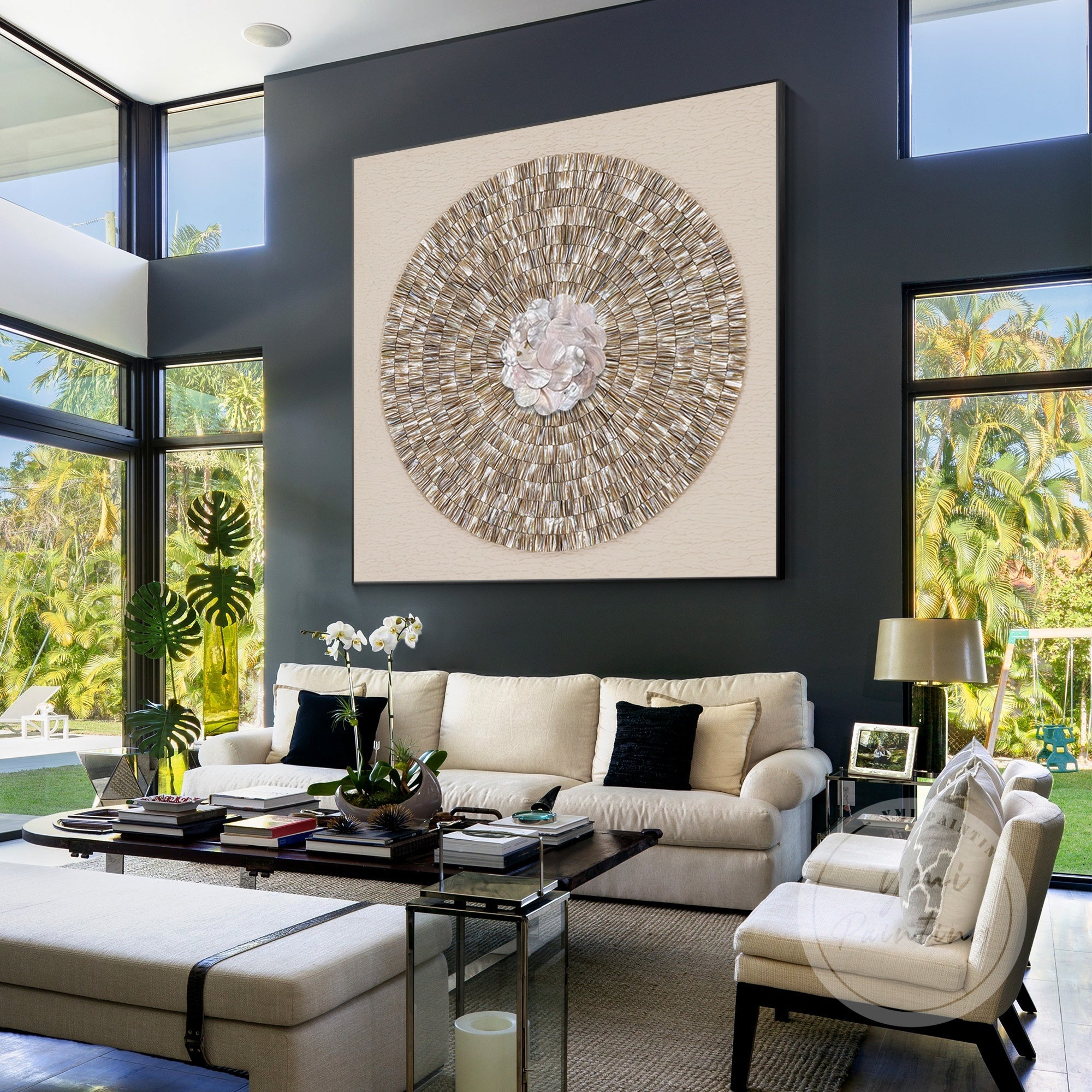 Original oyster shell canvas art with light-toned shell textures and organic charm.