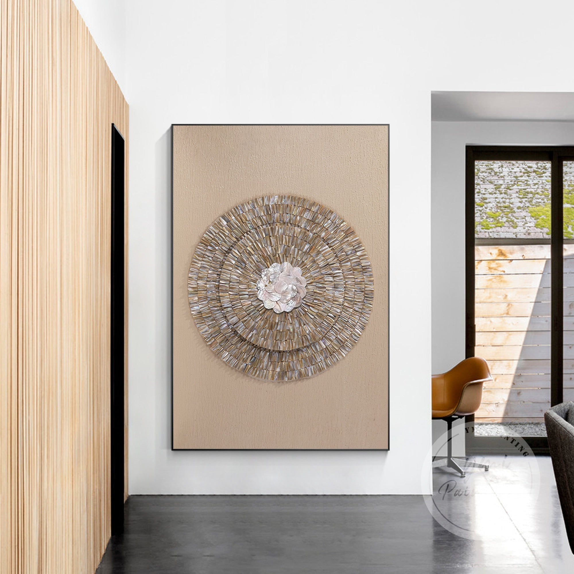 Minimalist 3D Gray and Gold Oyster Capiz Wall Art, handmade with shimmering shells and textured surface for a modern luxury appeal.