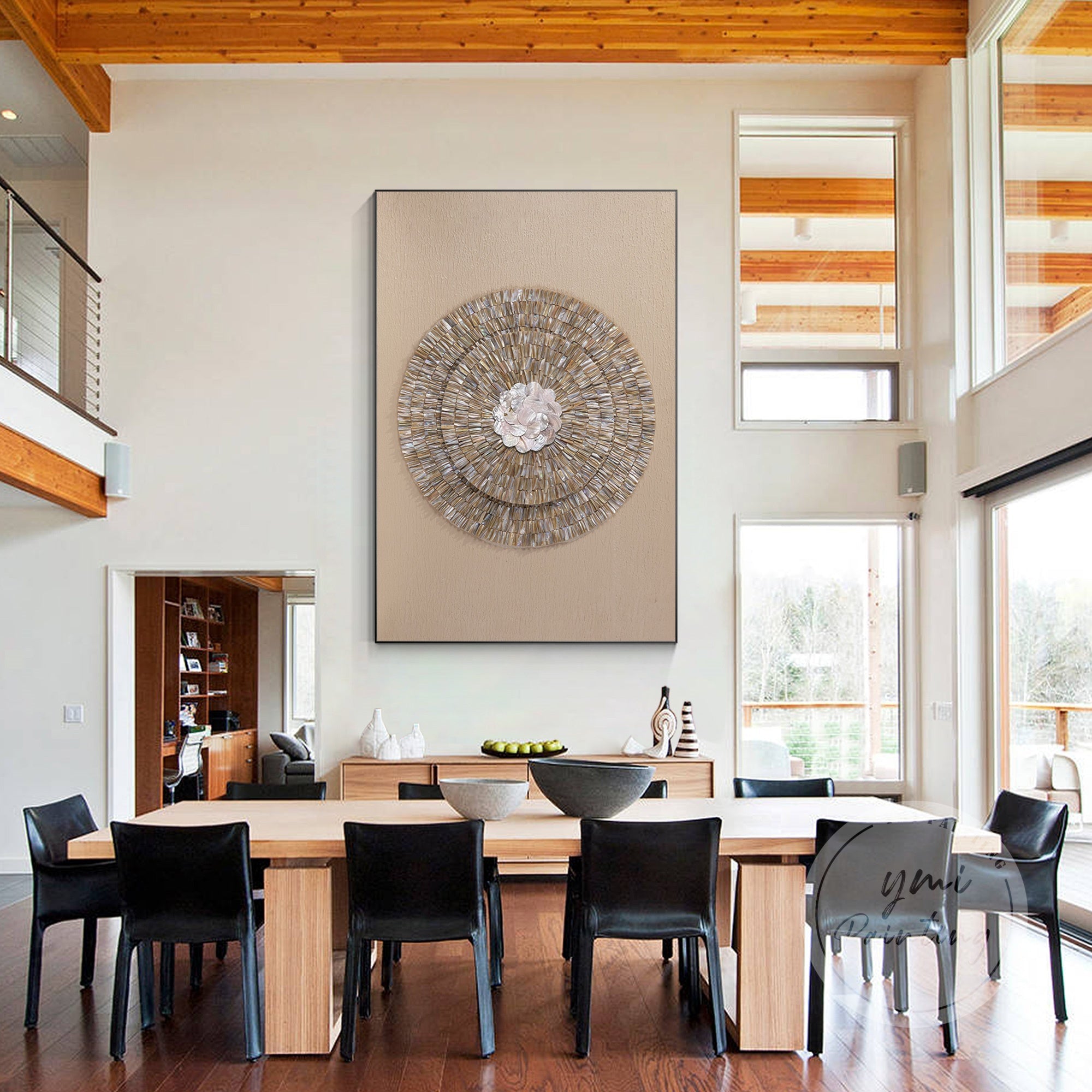 Large Round Capiz Shell Wall Decor in subtle gray tones and golden accents, bringing elegance and tranquility to contemporary interiors.