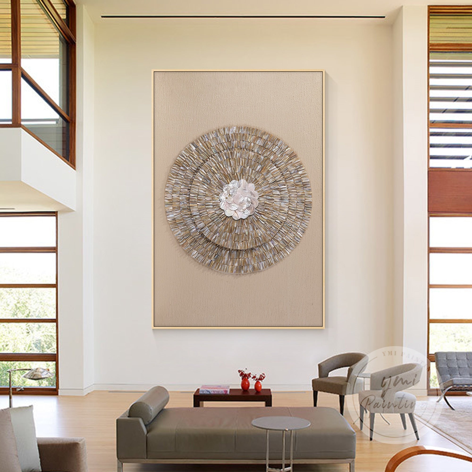 Original Textured Oyster Capiz Art in minimalist style, featuring handcrafted details and natural shell shimmer for a refined look.