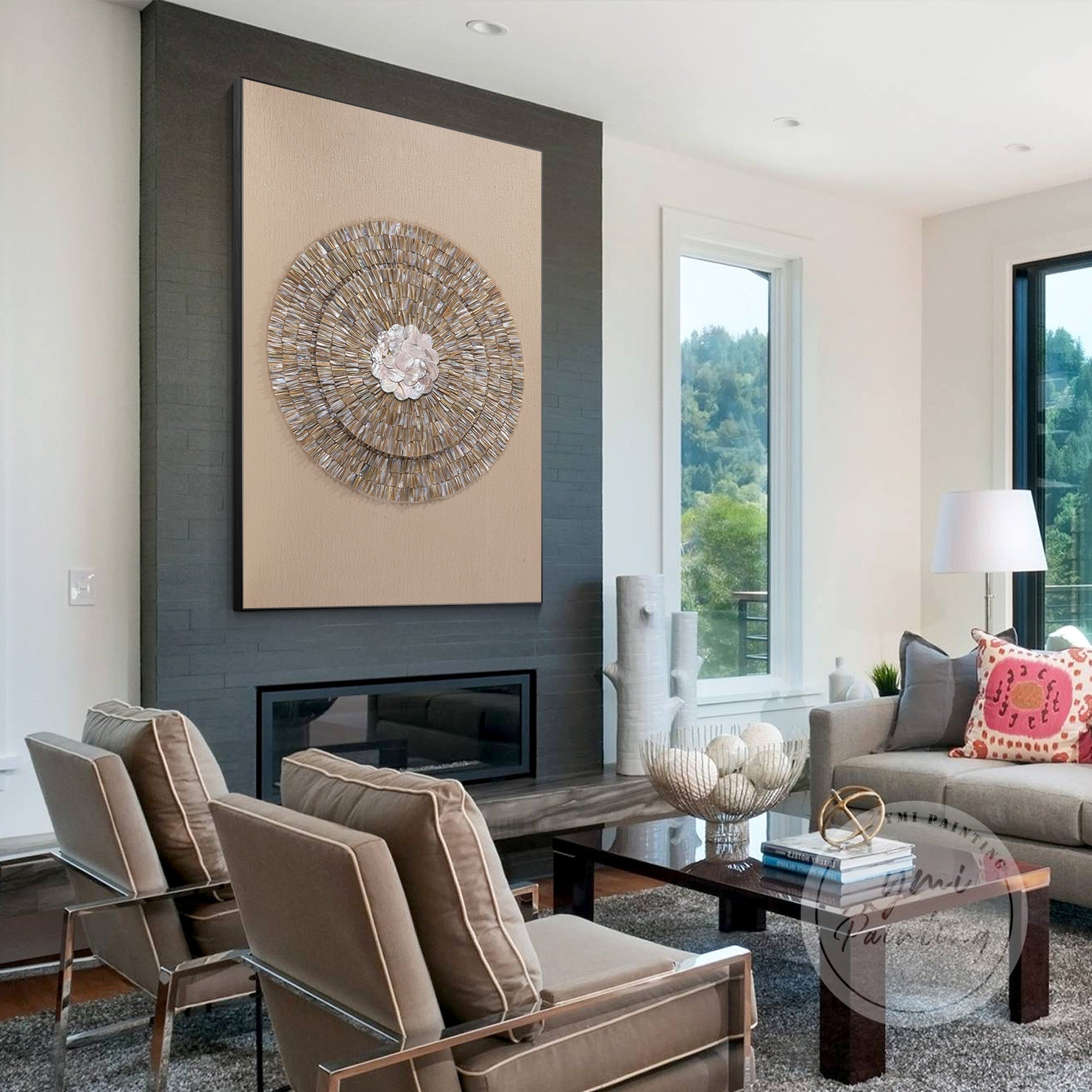 Handcrafted Round Capiz Shell Wall Art in soft gray and gold tones, perfect for modern coastal or minimalist home decor.