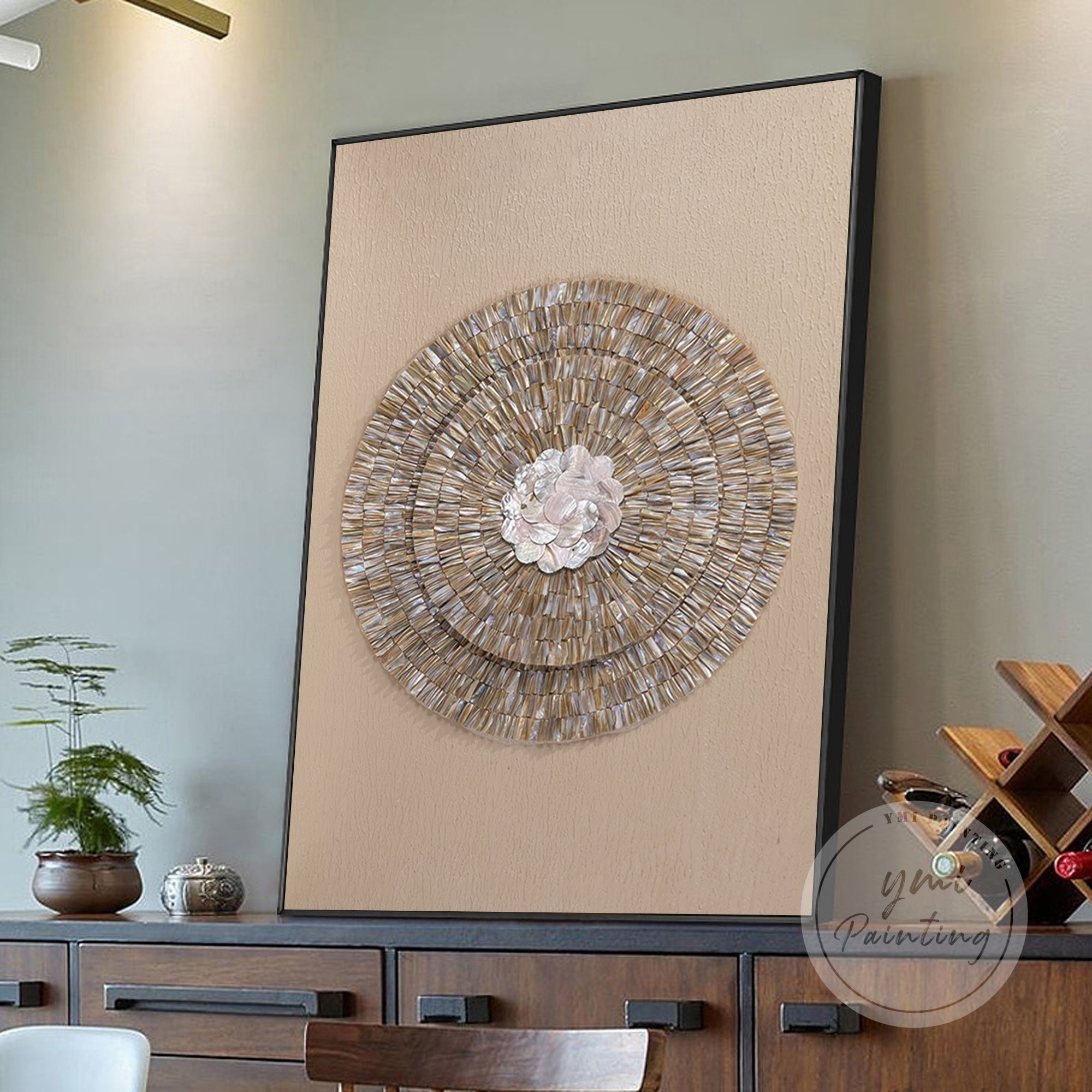 Luxury 3D Oyster Capiz Wall Piece with neutral textures and golden sheen, ideal for entryways, staircases, or living room features.