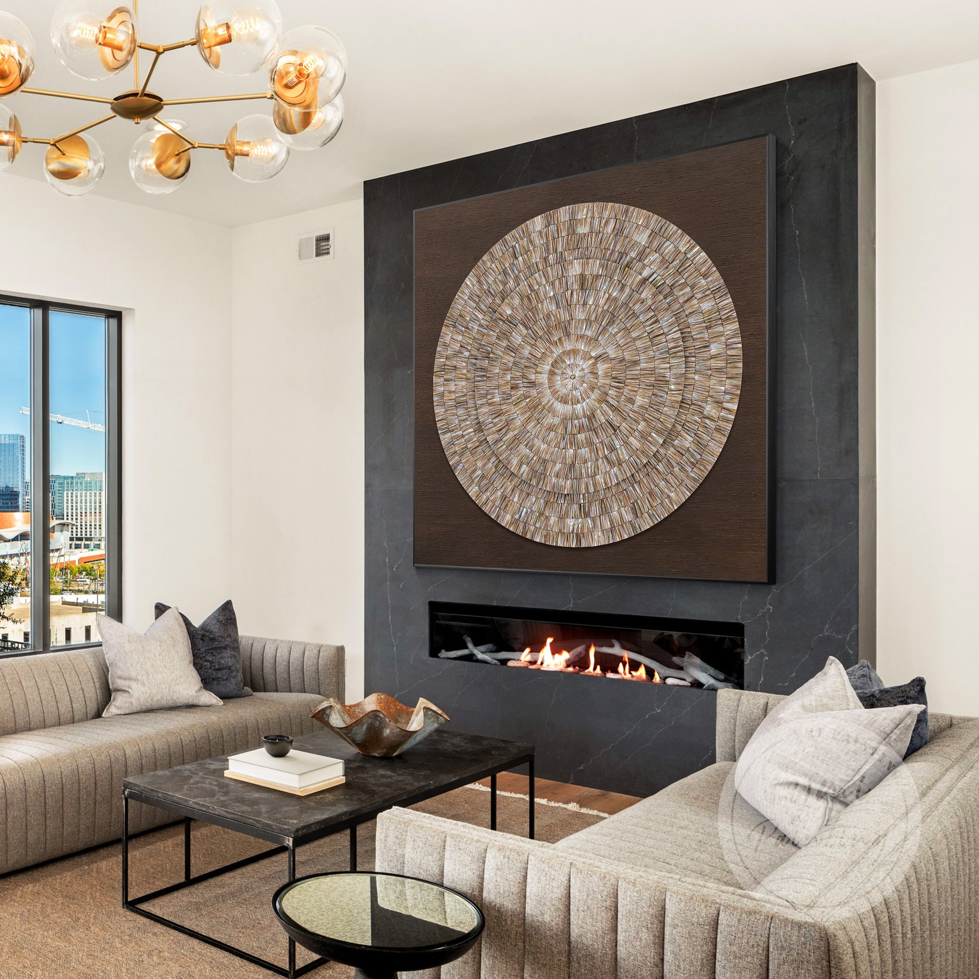Coastal Shell Art with chocolate brown palette, featuring organic oyster shells and layers.