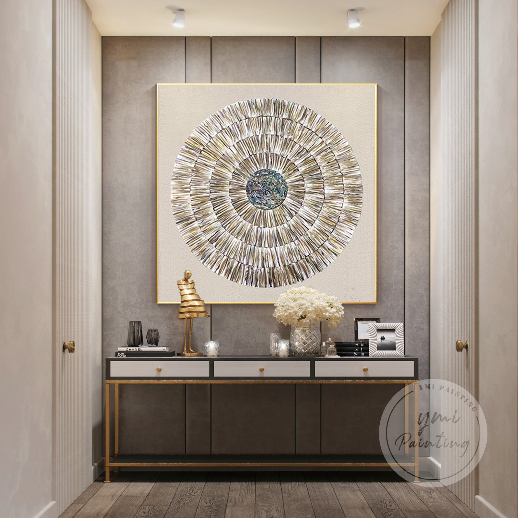 Original Shell Wall Art with layered oyster shells in neutral hues for serene ambiance.