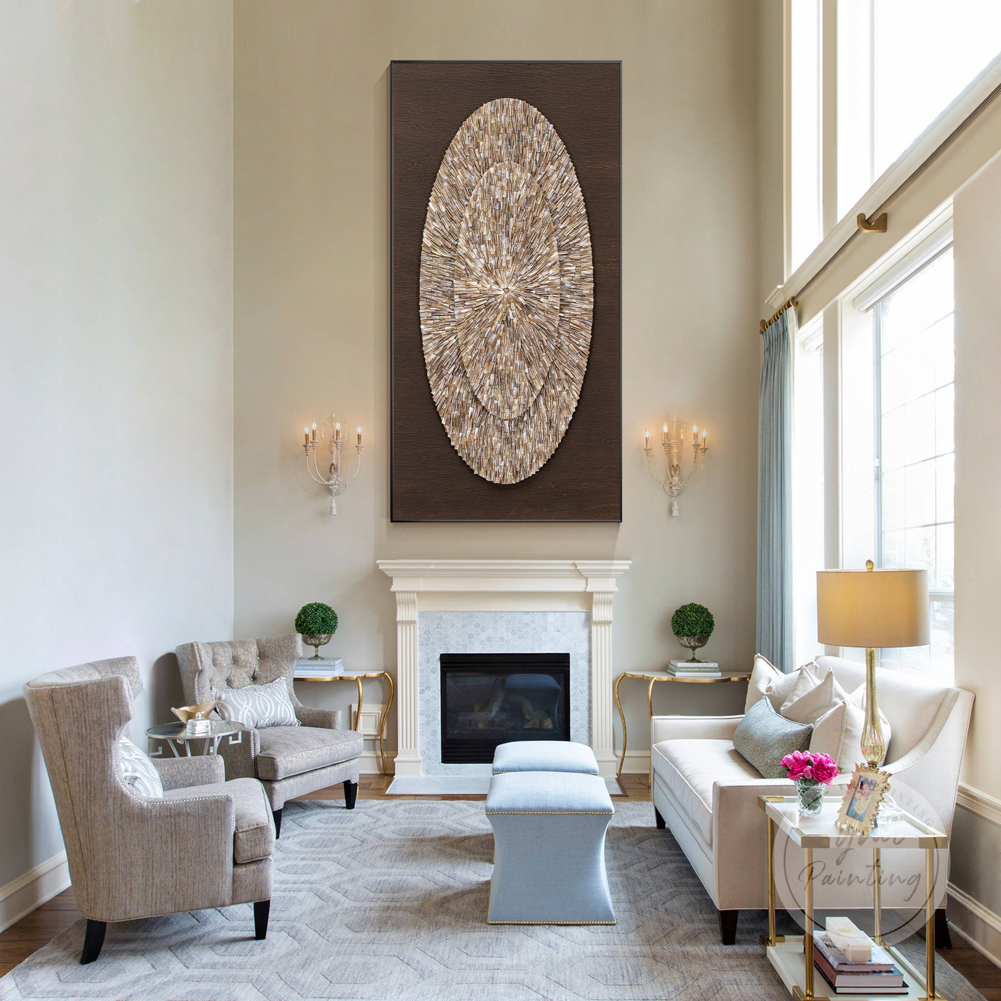 Luxury 3D oyster shell wall art in an oval design with layered brown shells and LED lighting.