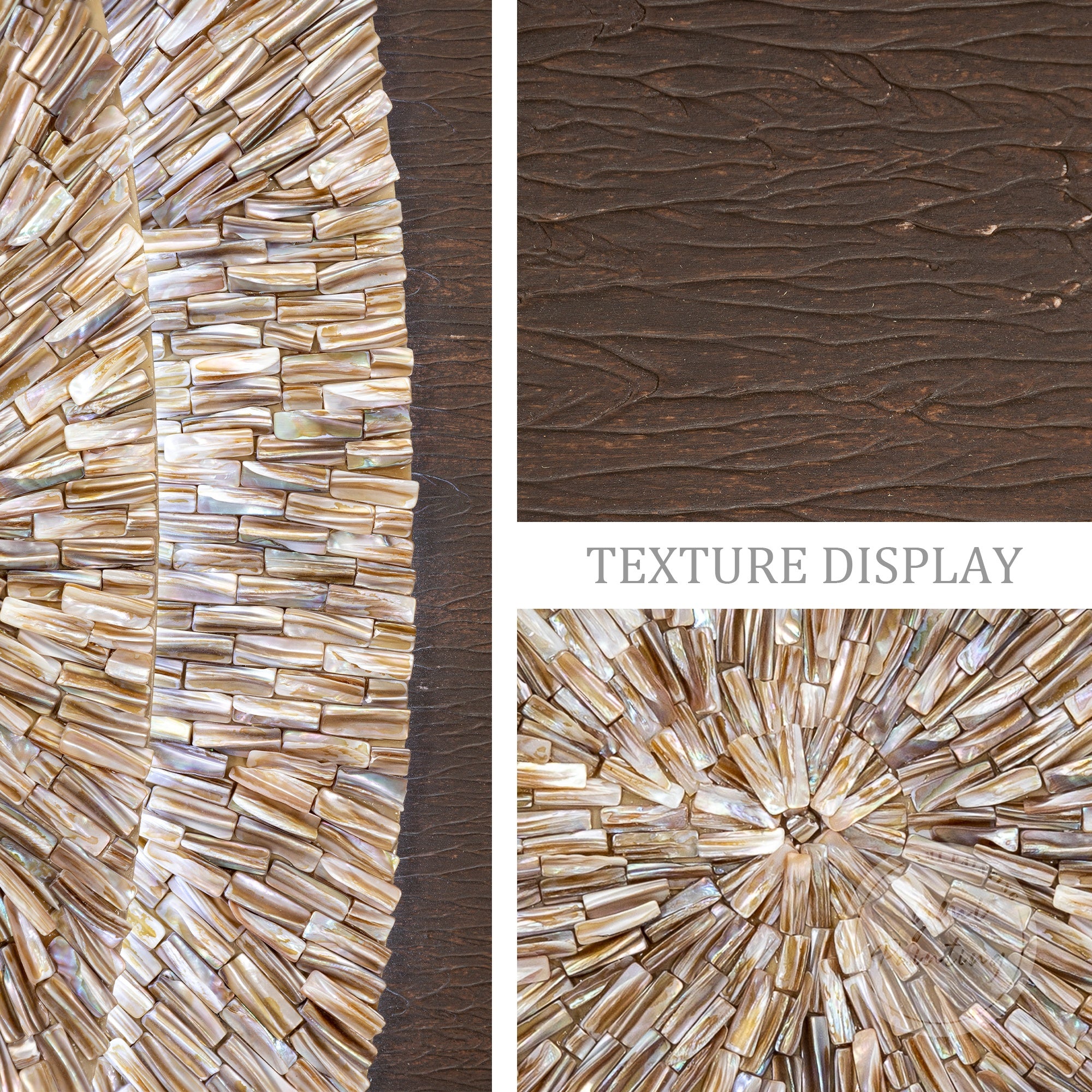 Handcrafted brown seashell artwork with oval frame and luxury layered composition.