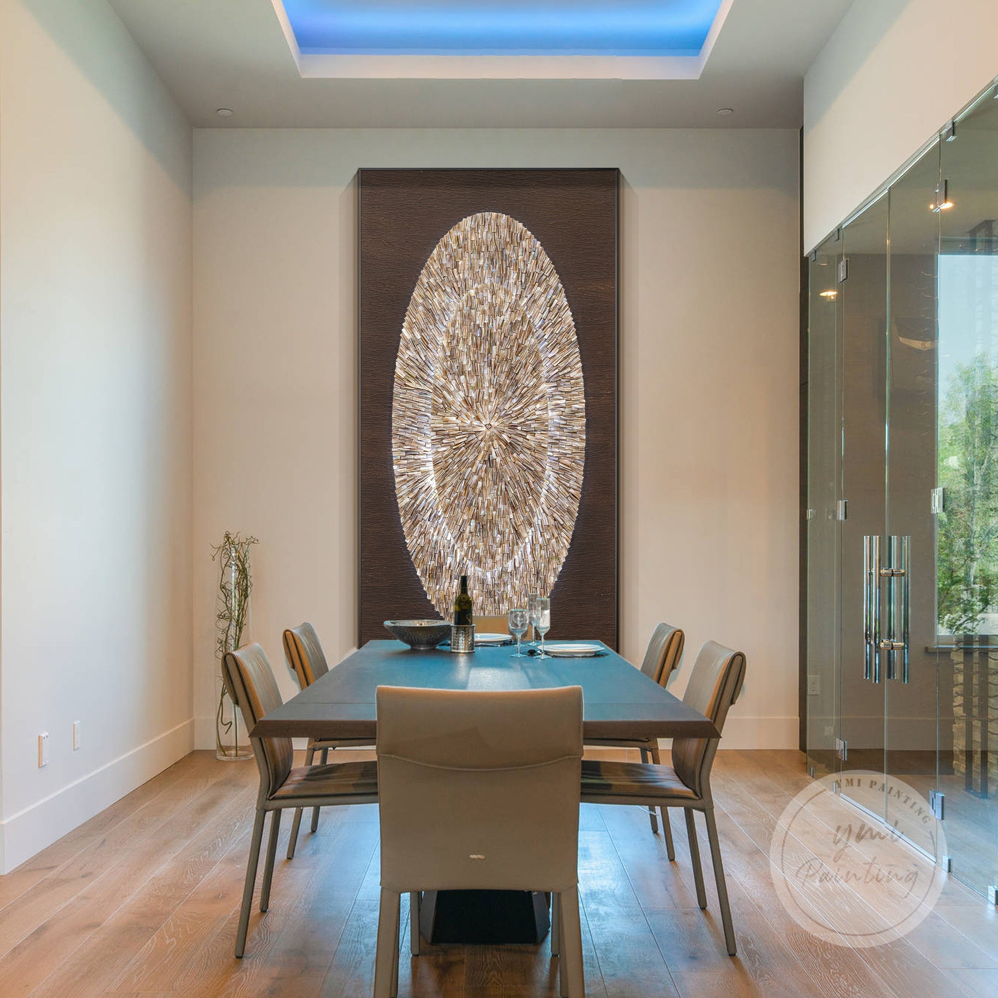 Layered oyster shells arranged in an oval layout with luxury LED glow and deep earthy palette.