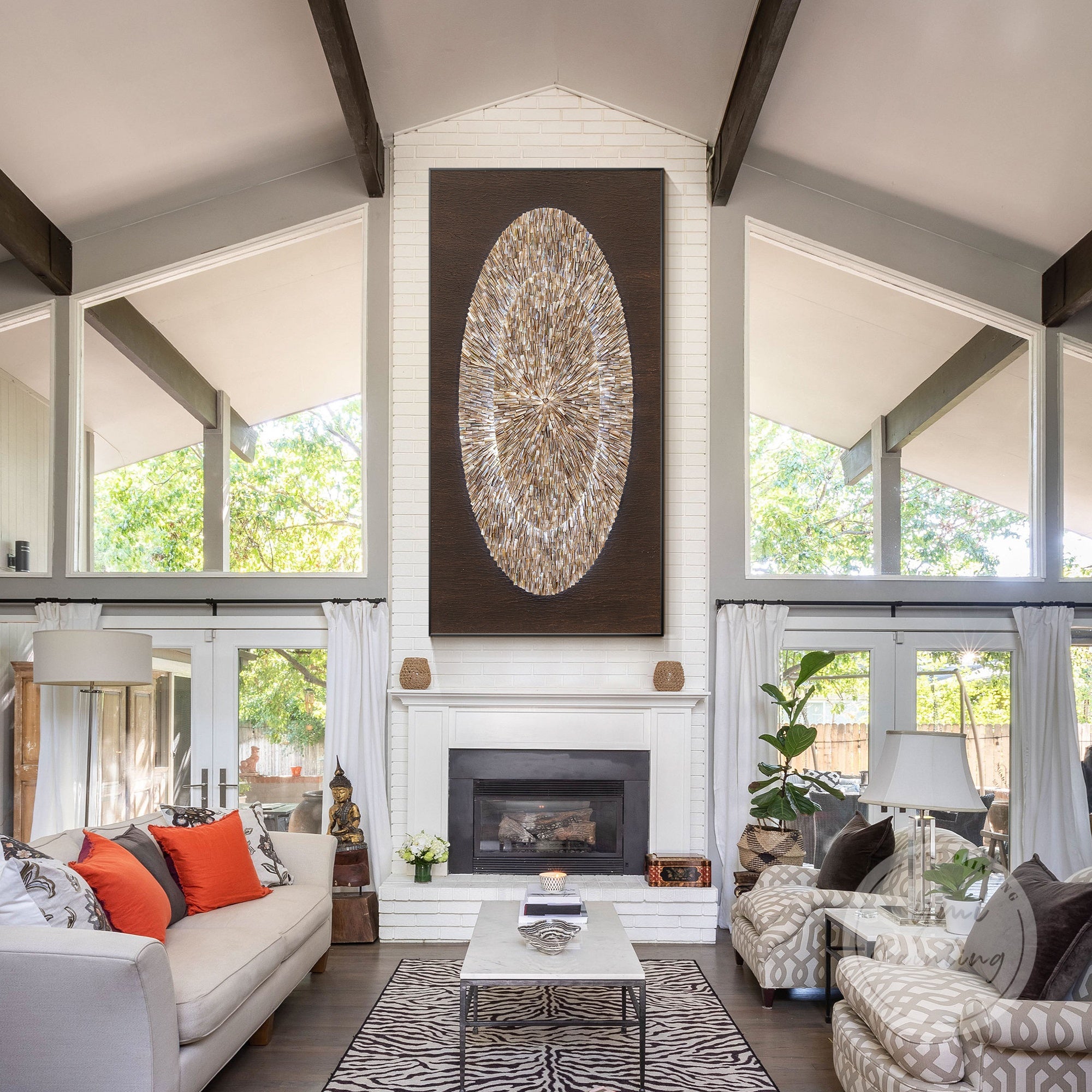 Oval oyster wall art combining layered natural materials and soft LED illumination in a luxury format.