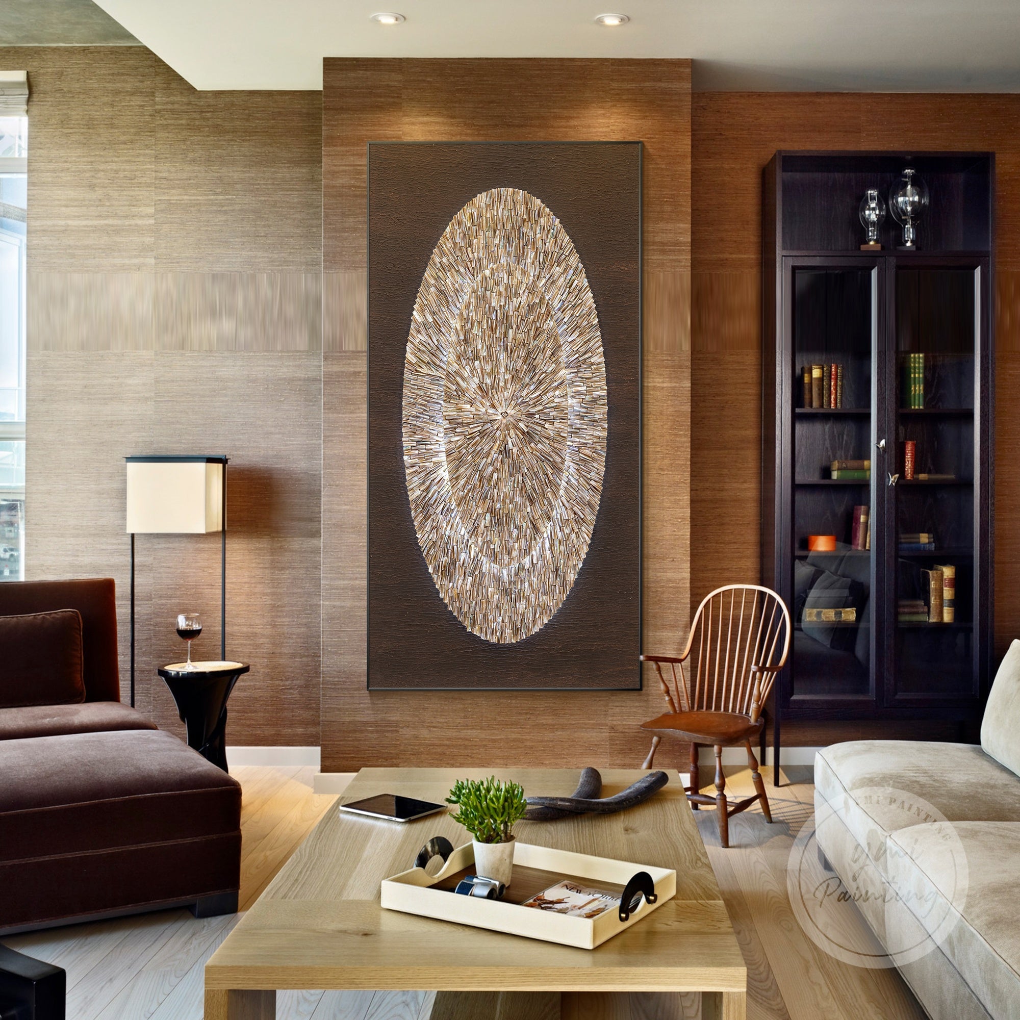 Luxury oval wall decor featuring brown oyster shells in a 3D layered layout with subtle lighting.
