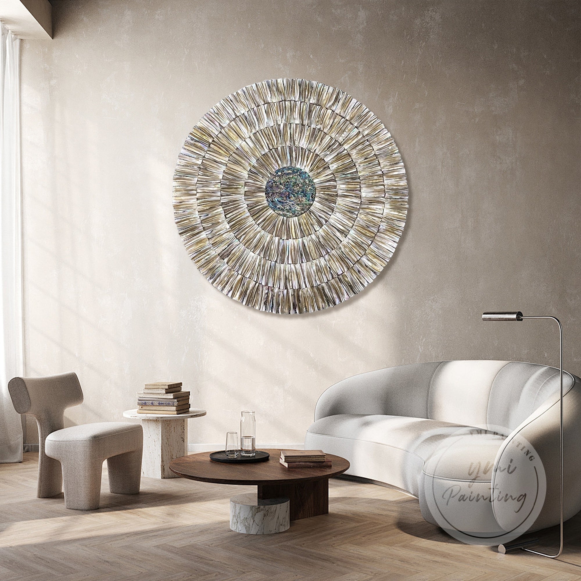 Wabi Sabi 3D Oyster Shell Wall Art in round frame with minimalist coastal design.
