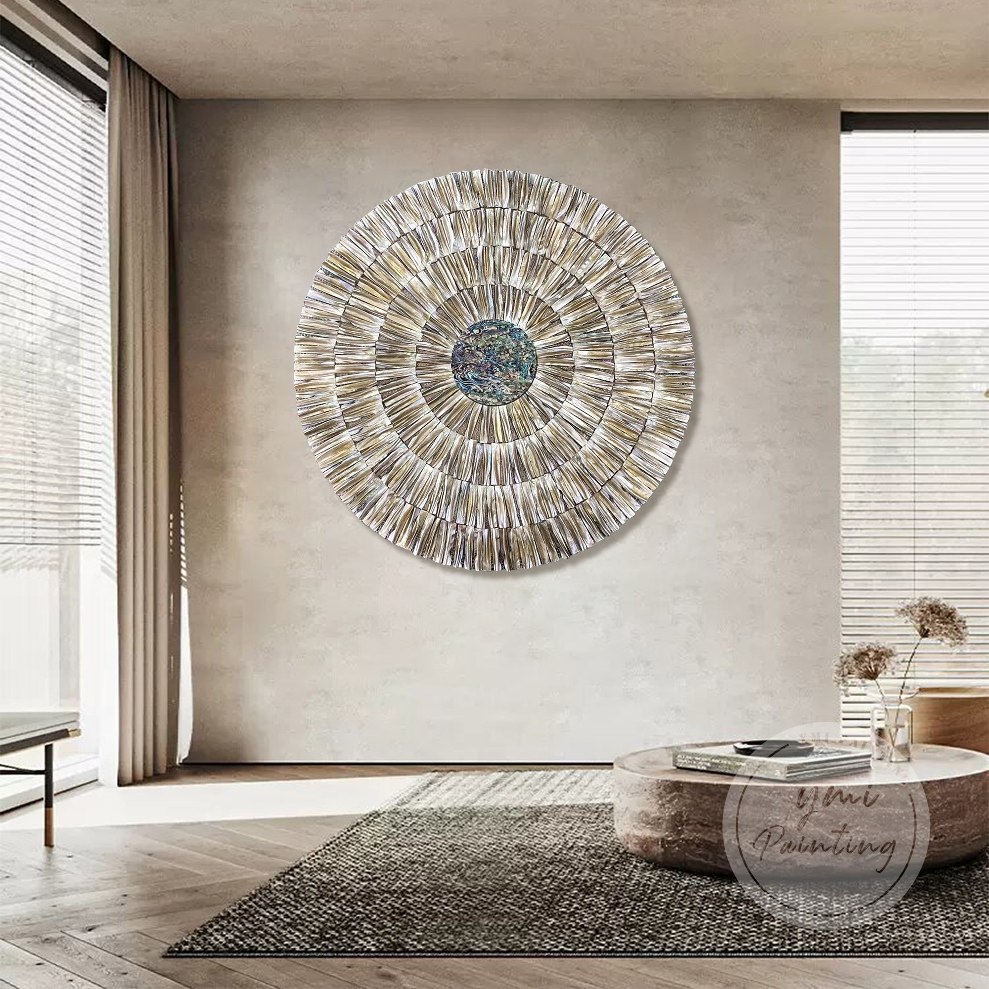 Round Framed Shell Artwork with handcrafted oyster shell details and calm elegance.